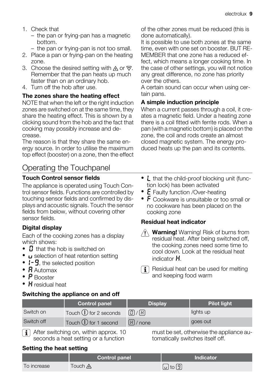 Operating the touchpanel | Electrolux EKD60760 User Manual | Page 9 / 40