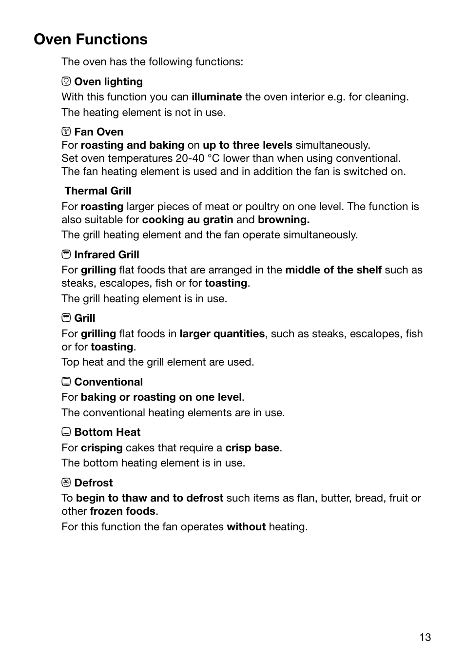 Oven functions | Electrolux U30294 EOB6632 User Manual | Page 13 / 56