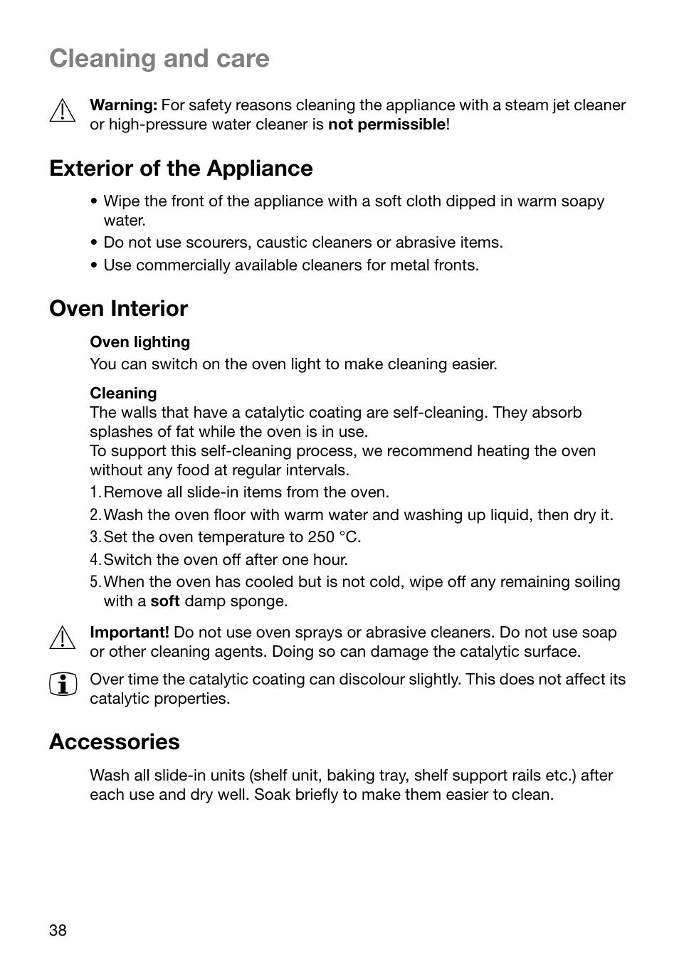 Cleaning and care, Exterior of the appliance, Oven interior | Accessories | Electrolux U30294 EOB6632 User Manual | Page 38 / 56