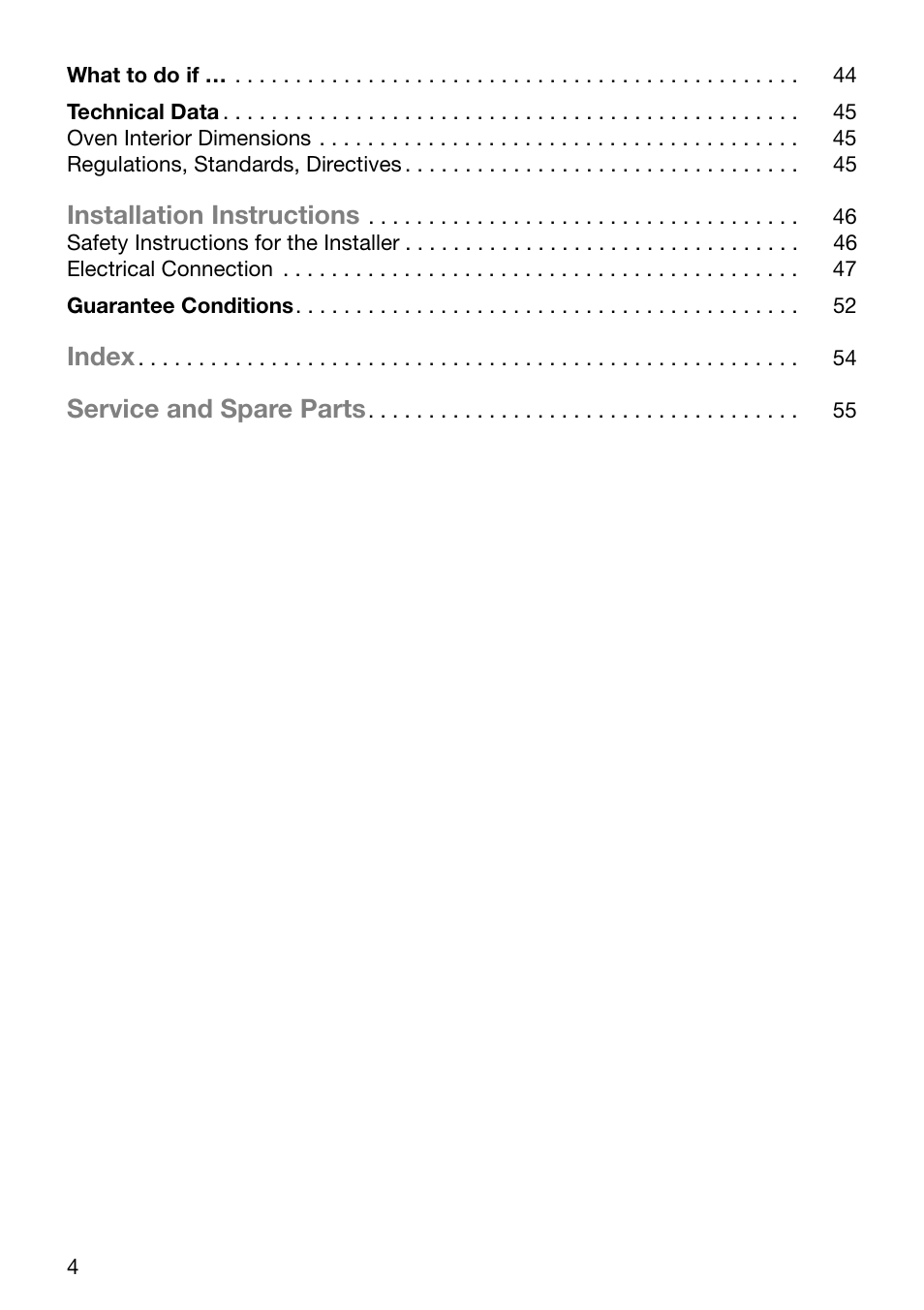 Installation instructions, Index, Service and spare parts | Electrolux U30294 EOB6632 User Manual | Page 4 / 56