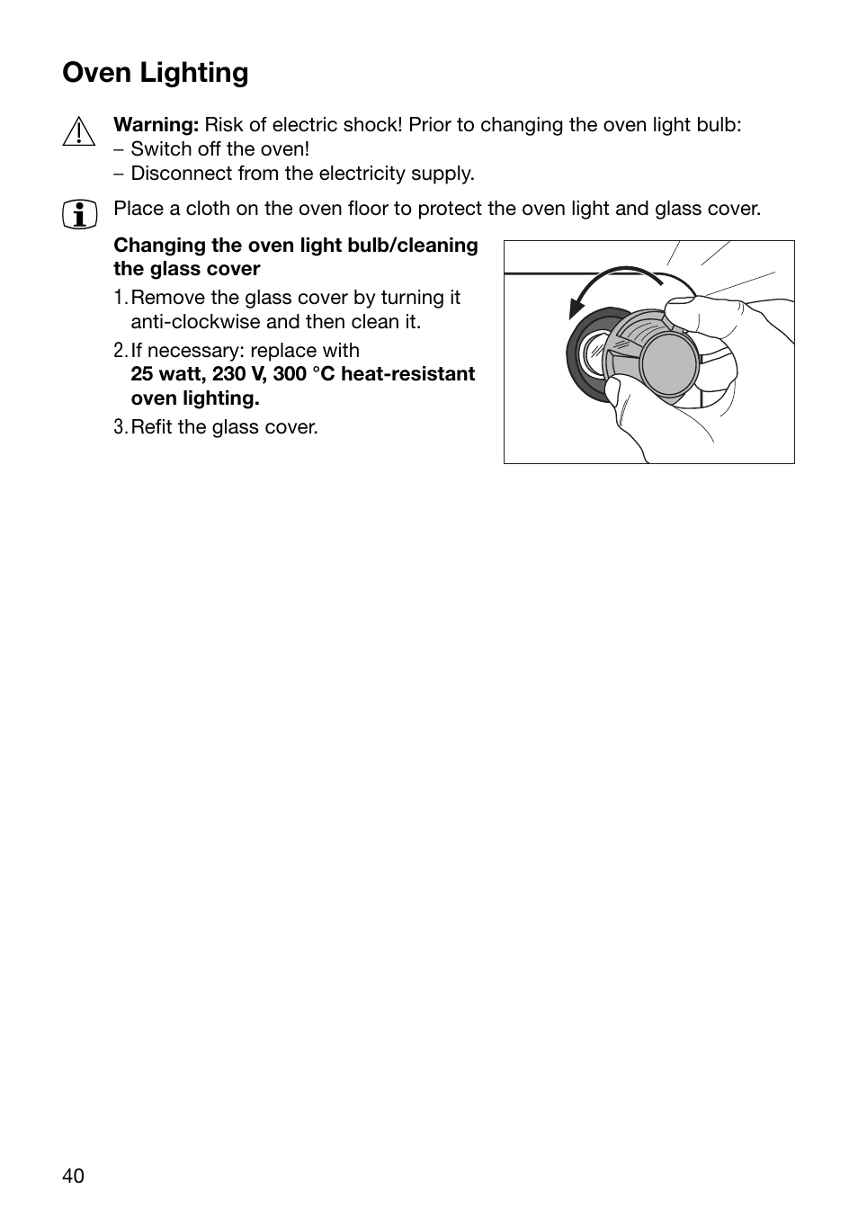 Oven lighting | Electrolux U30294 EOB6632 User Manual | Page 40 / 56