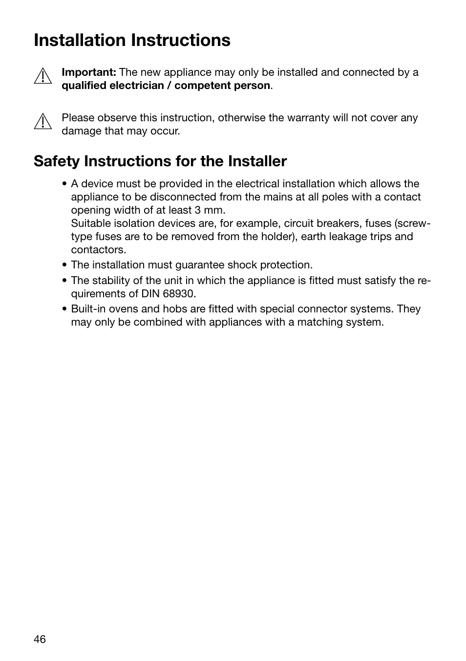 Installation instructions, Safety instructions for the installer | Electrolux U30294 EOB6632 User Manual | Page 46 / 56