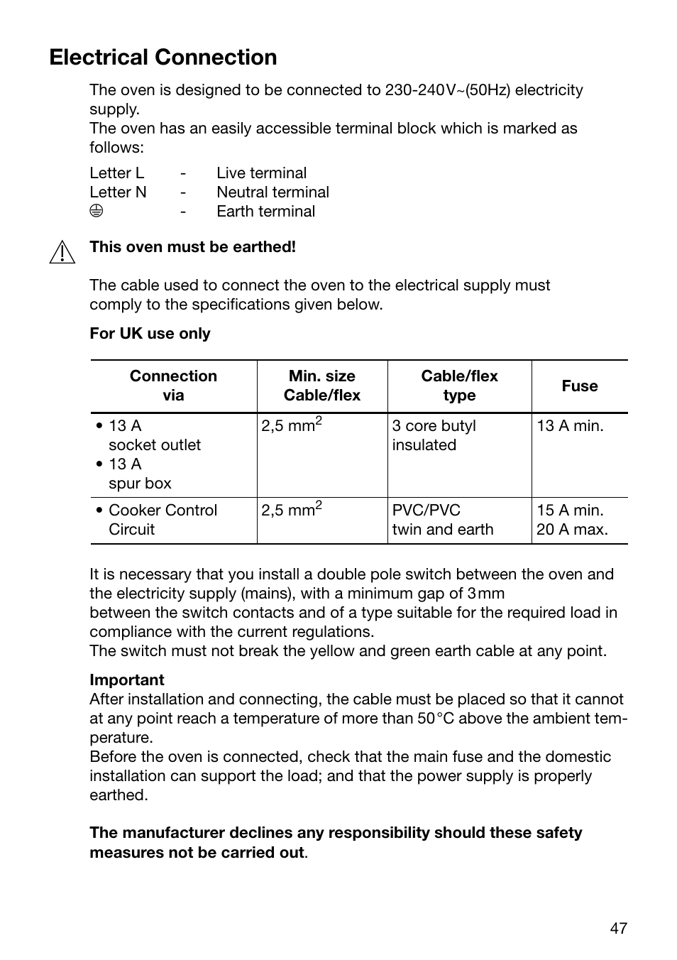 Electrical connection | Electrolux U30294 EOB6632 User Manual | Page 47 / 56