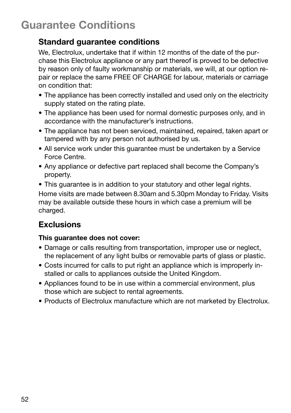 Guarantee conditions | Electrolux U30294 EOB6632 User Manual | Page 52 / 56