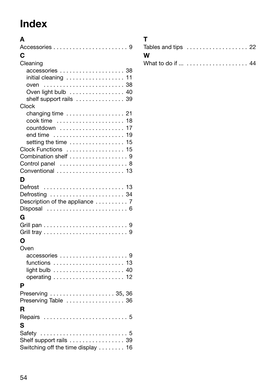 Index | Electrolux U30294 EOB6632 User Manual | Page 54 / 56