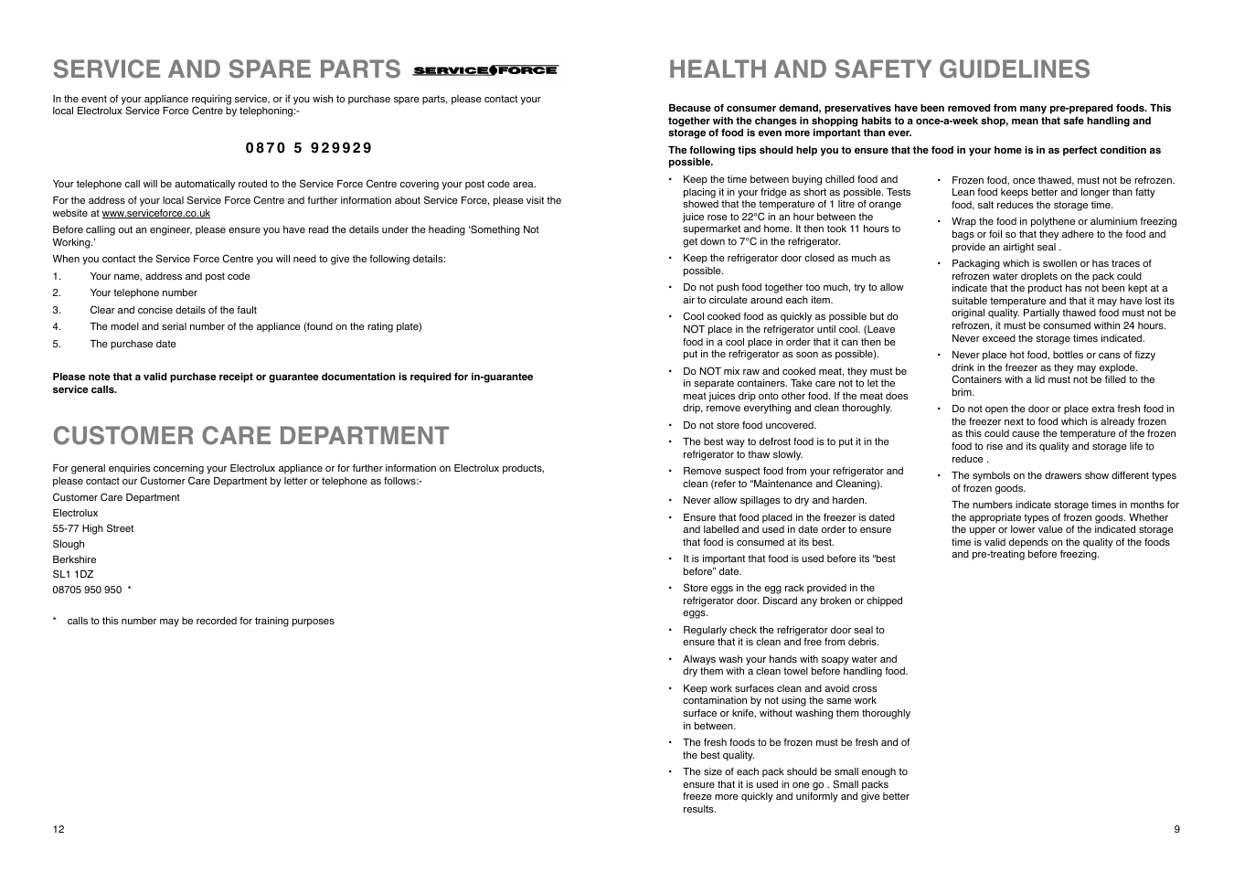 Health and safety guidelines, Customer care department, Service and spare parts | Electrolux ER 7620 B User Manual | Page 9 / 20