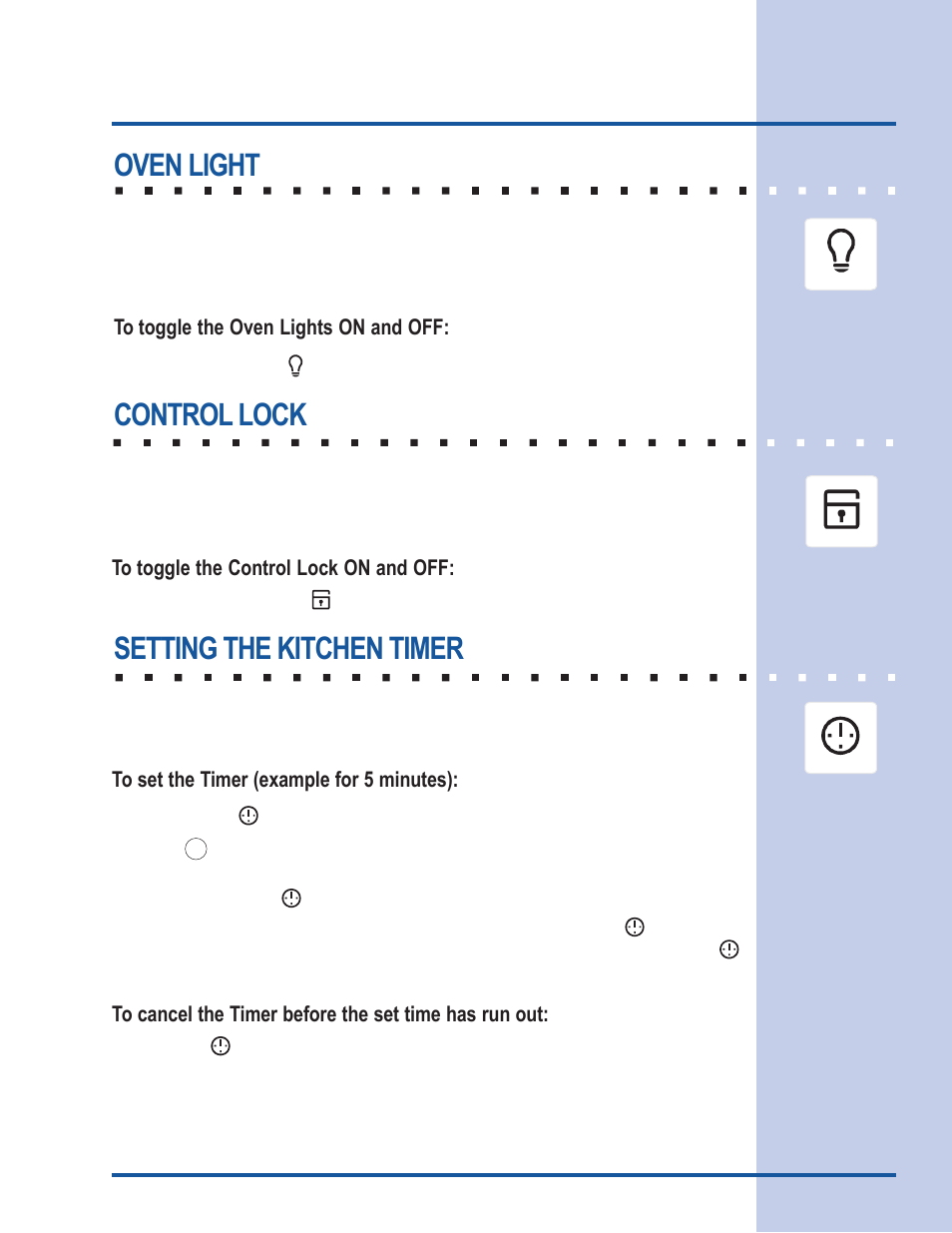 Getting started, Oven light, Control lock | Setting the kitchen timer | Electrolux 318 205 111 User Manual | Page 13 / 44