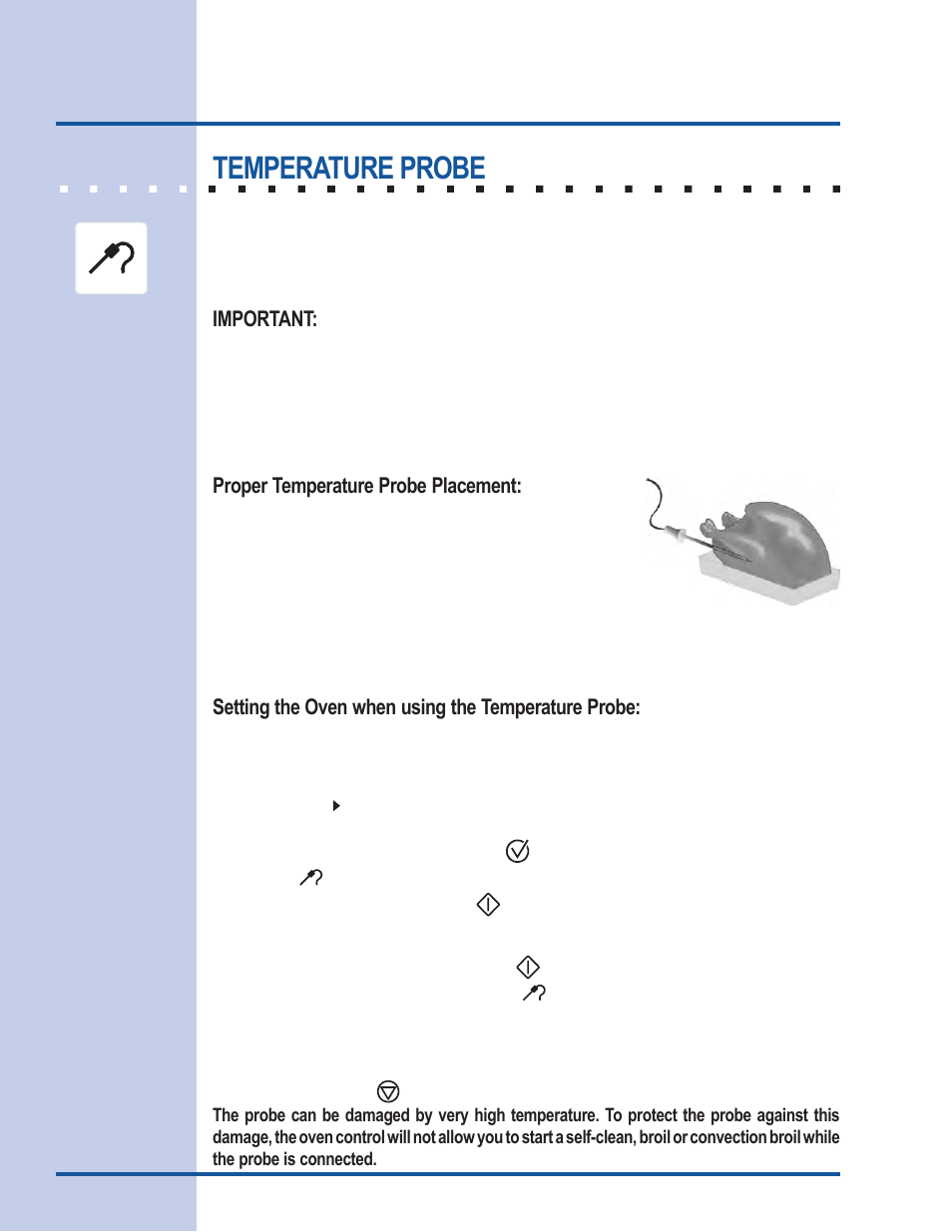 Cooking modes, Temperature probe, Important | Proper temperature probe placement, Setting the oven when using the temperature probe | Electrolux 318 205 111 User Manual | Page 26 / 44