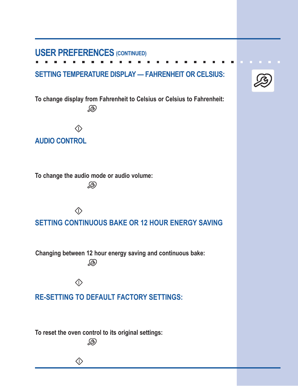 Electronic control settings, User preferences, Setting continuous bake or 12 hour energy saving | Re-setting to default factory settings, Audio control | Electrolux 318 205 111 User Manual | Page 31 / 44