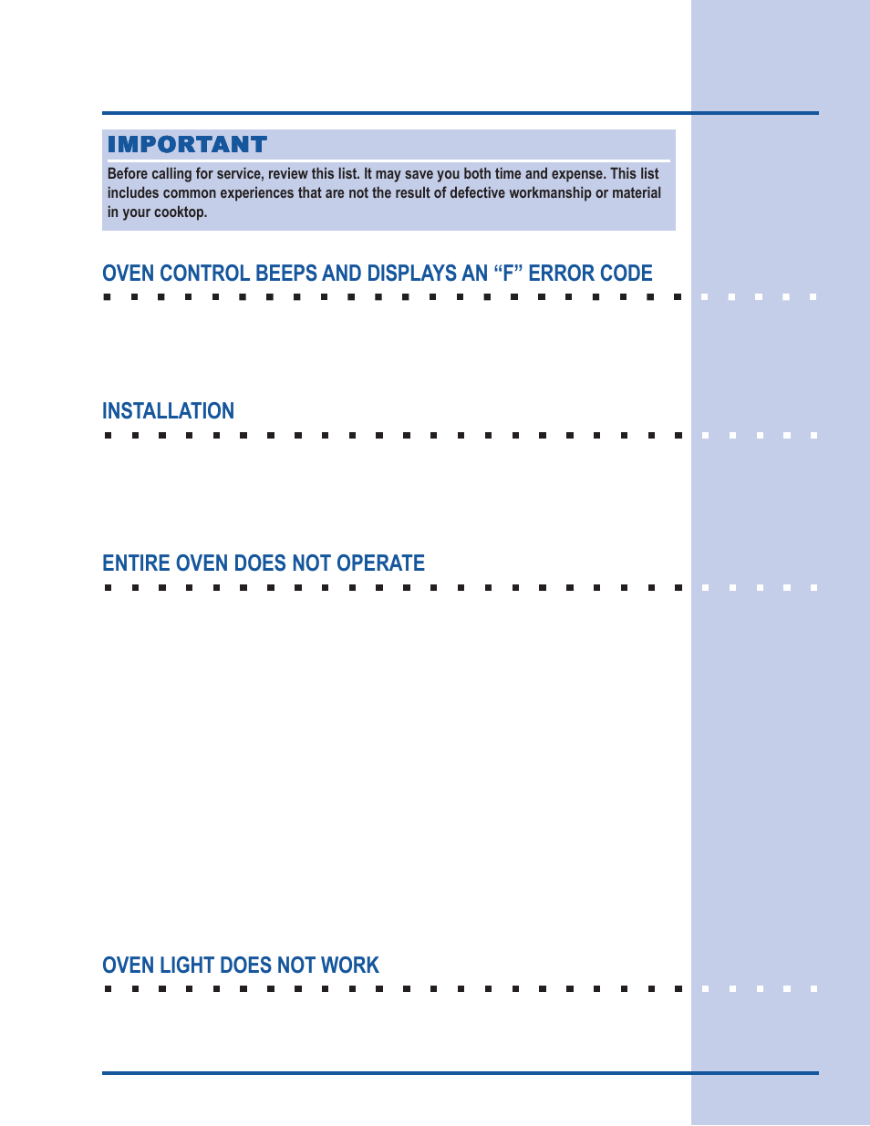 Solutions to common problems, Oven control beeps and displays an “f” error code, Installation | Entire oven does not operate, Oven light does not work, Impor | Electrolux 318 205 111 User Manual | Page 41 / 44