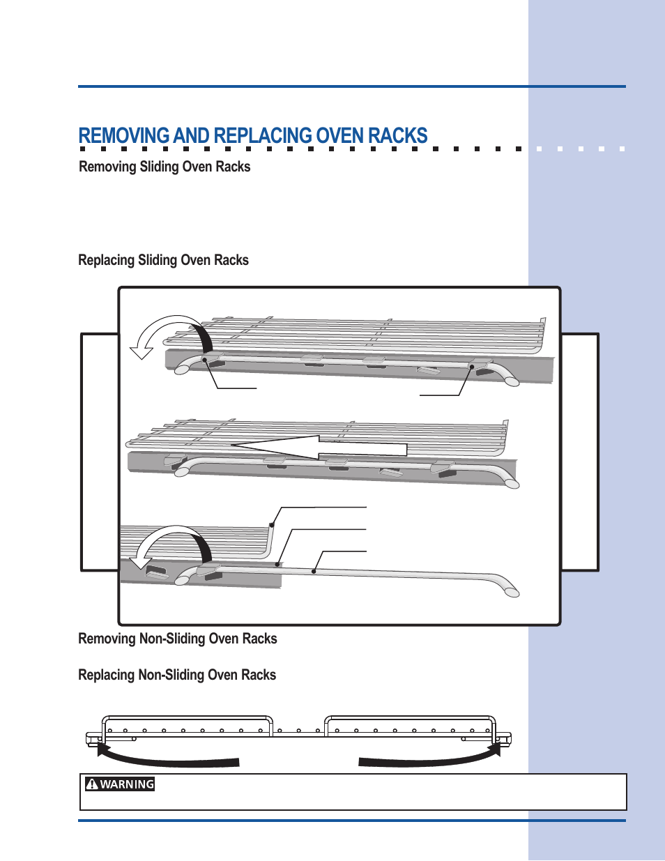 Feature overview, Removing and replacing oven racks | Electrolux 318 205 111 User Manual | Page 9 / 44