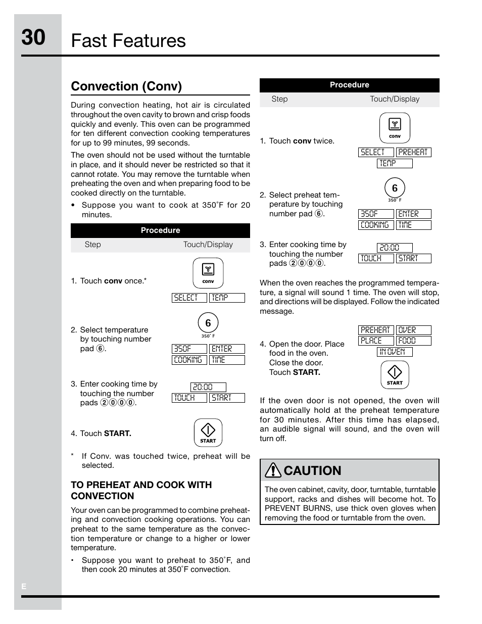 Fast features, Convection (conv), Caution | Electrolux Convection Microwave Oven PN316902496 User Manual | Page 30 / 39