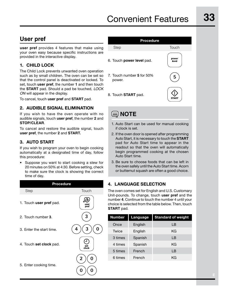 Convenient features, User pref | Electrolux Convection Microwave Oven PN316902496 User Manual | Page 33 / 39