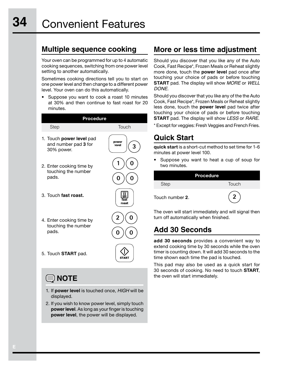 Convenient features, More or less time adjustment, Quick start | Add 30 seconds, Multiple sequence cooking | Electrolux Convection Microwave Oven PN316902496 User Manual | Page 34 / 39