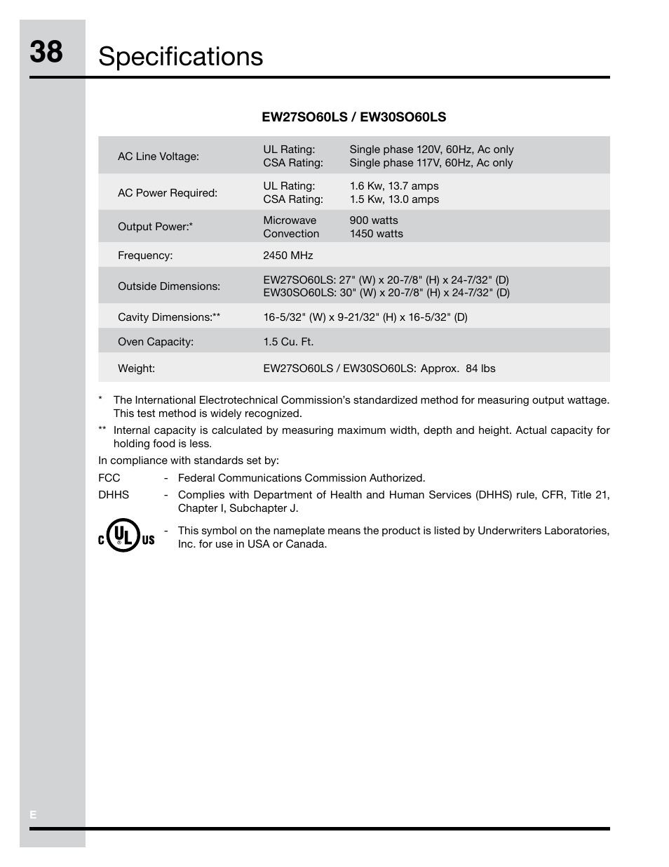 Specifications | Electrolux Convection Microwave Oven PN316902496 User Manual | Page 38 / 39