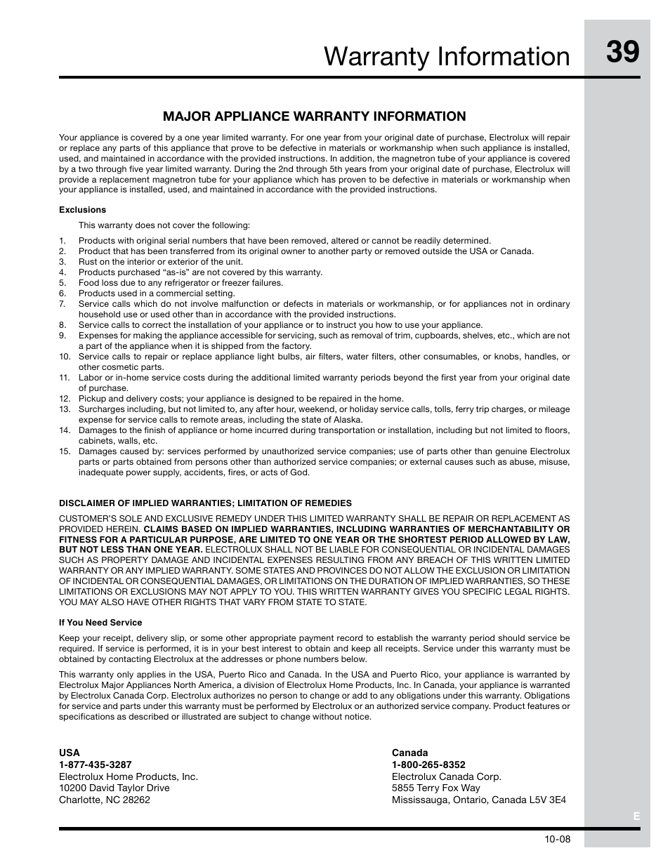 Warranty information, Major appliance warranty information | Electrolux Convection Microwave Oven PN316902496 User Manual | Page 39 / 39