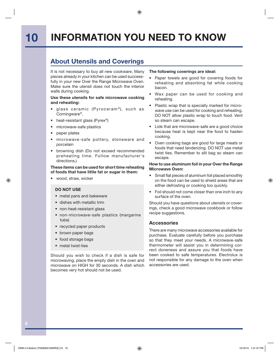 Information you need to know, About utensils and coverings | Electrolux Over the Range Microwave Oven 316902903 User Manual | Page 10 / 28