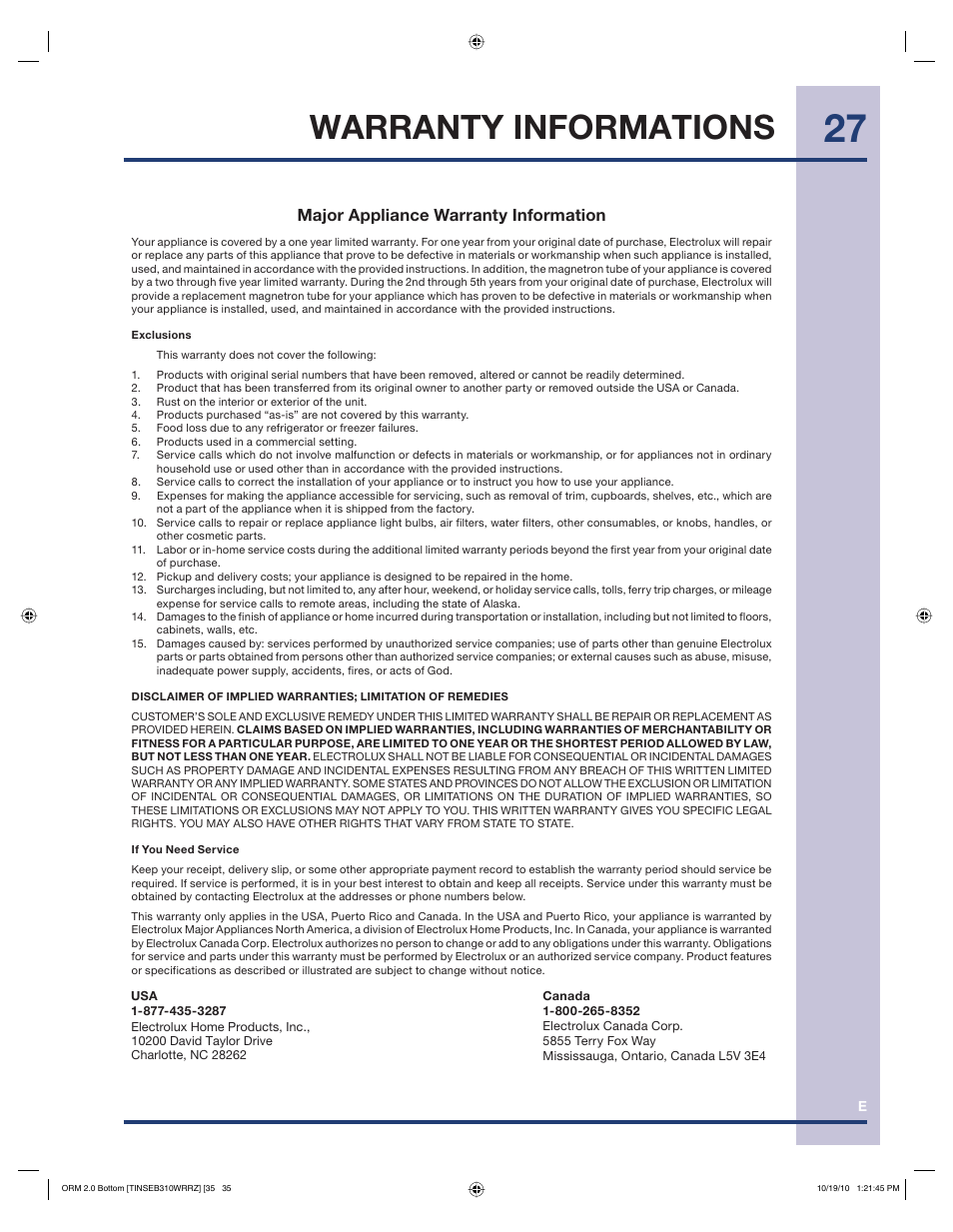 Warranty informations, Major appliance warranty information | Electrolux Over the Range Microwave Oven 316902903 User Manual | Page 27 / 28