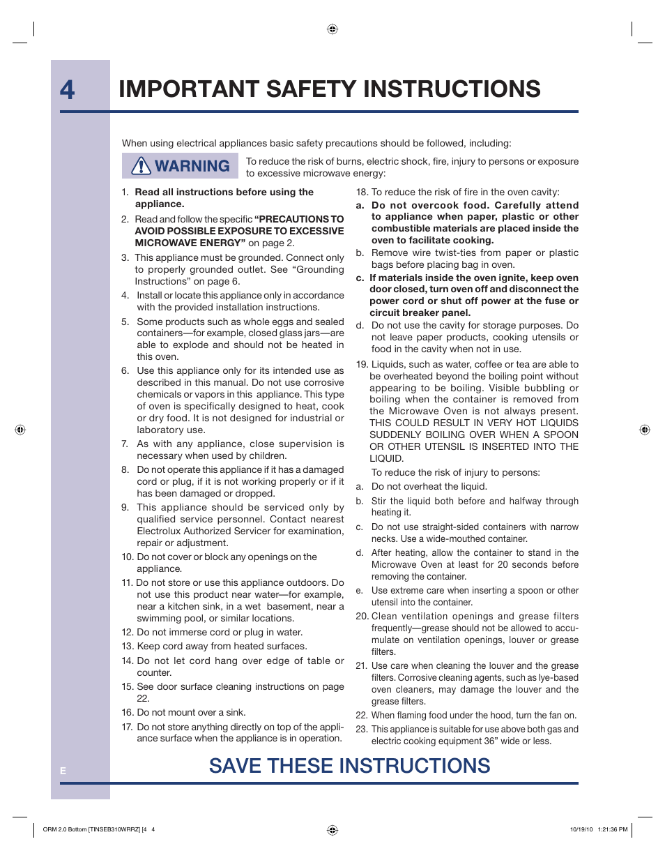 Important safety instructions, Save these instructions | Electrolux Over the Range Microwave Oven 316902903 User Manual | Page 4 / 28