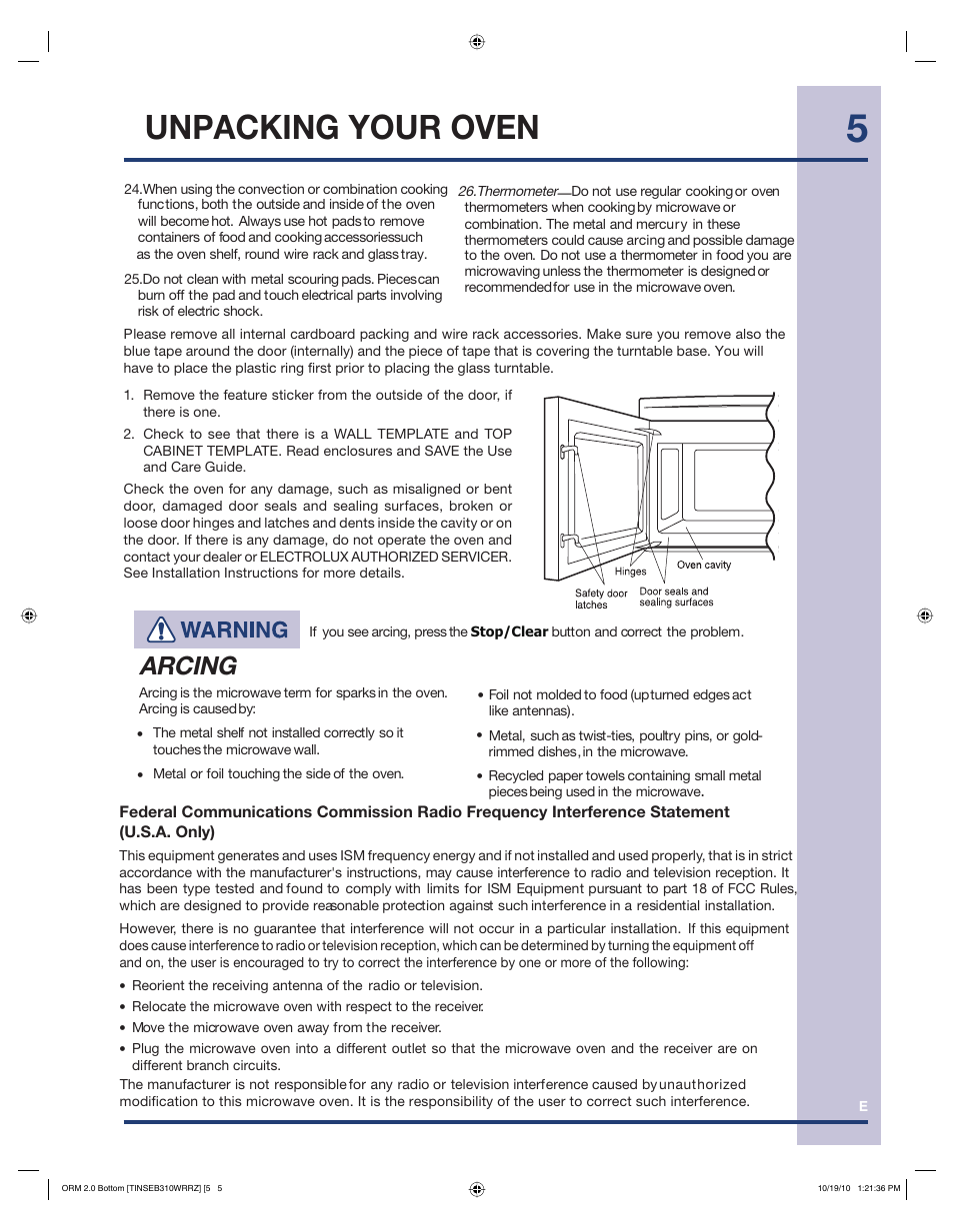 Unpacking your oven, Arcing | Electrolux Over the Range Microwave Oven 316902903 User Manual | Page 5 / 28