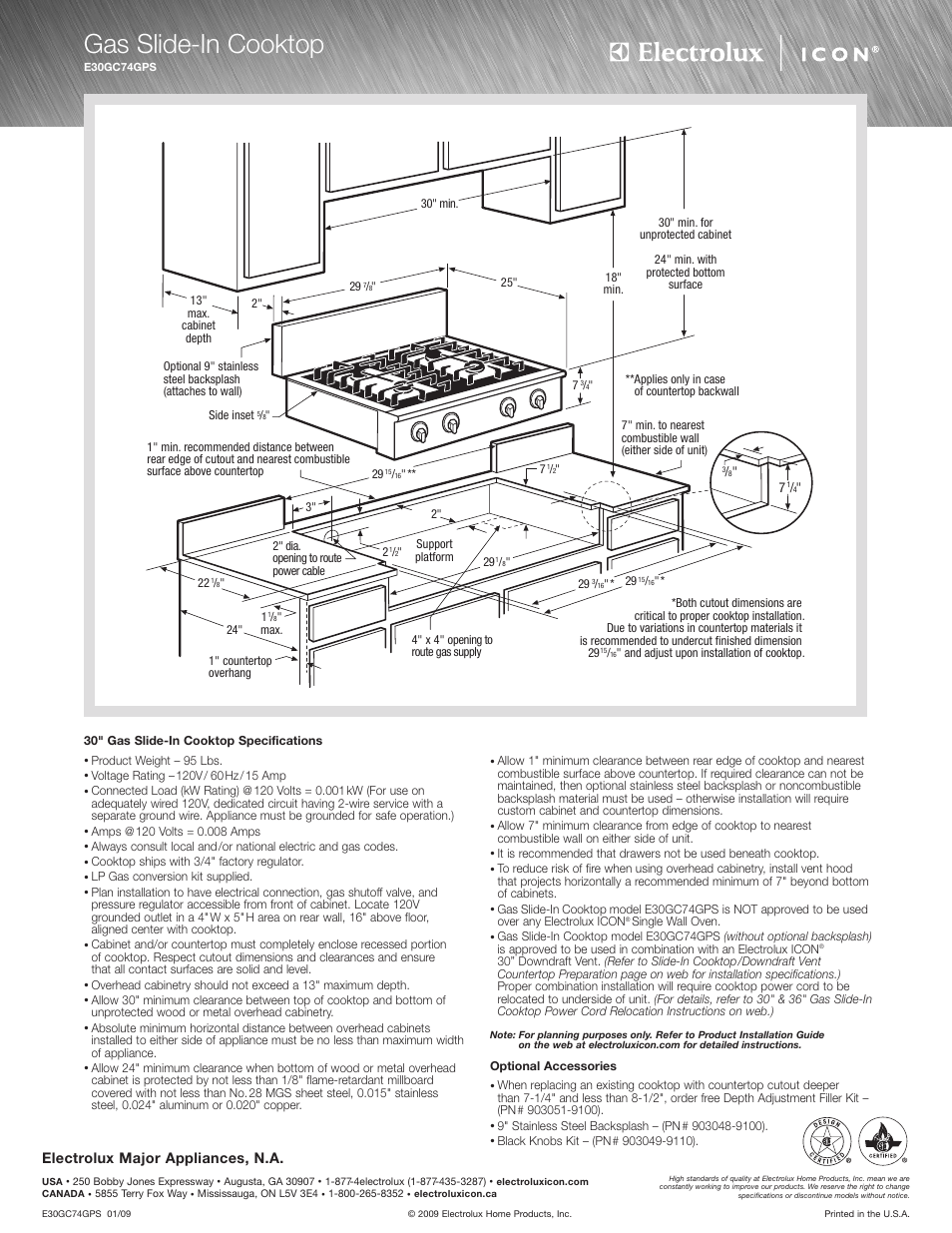 Gas slide-in cooktop, Electrolux major appliances, n.a | Electrolux E30GC74GPS User Manual | Page 2 / 4