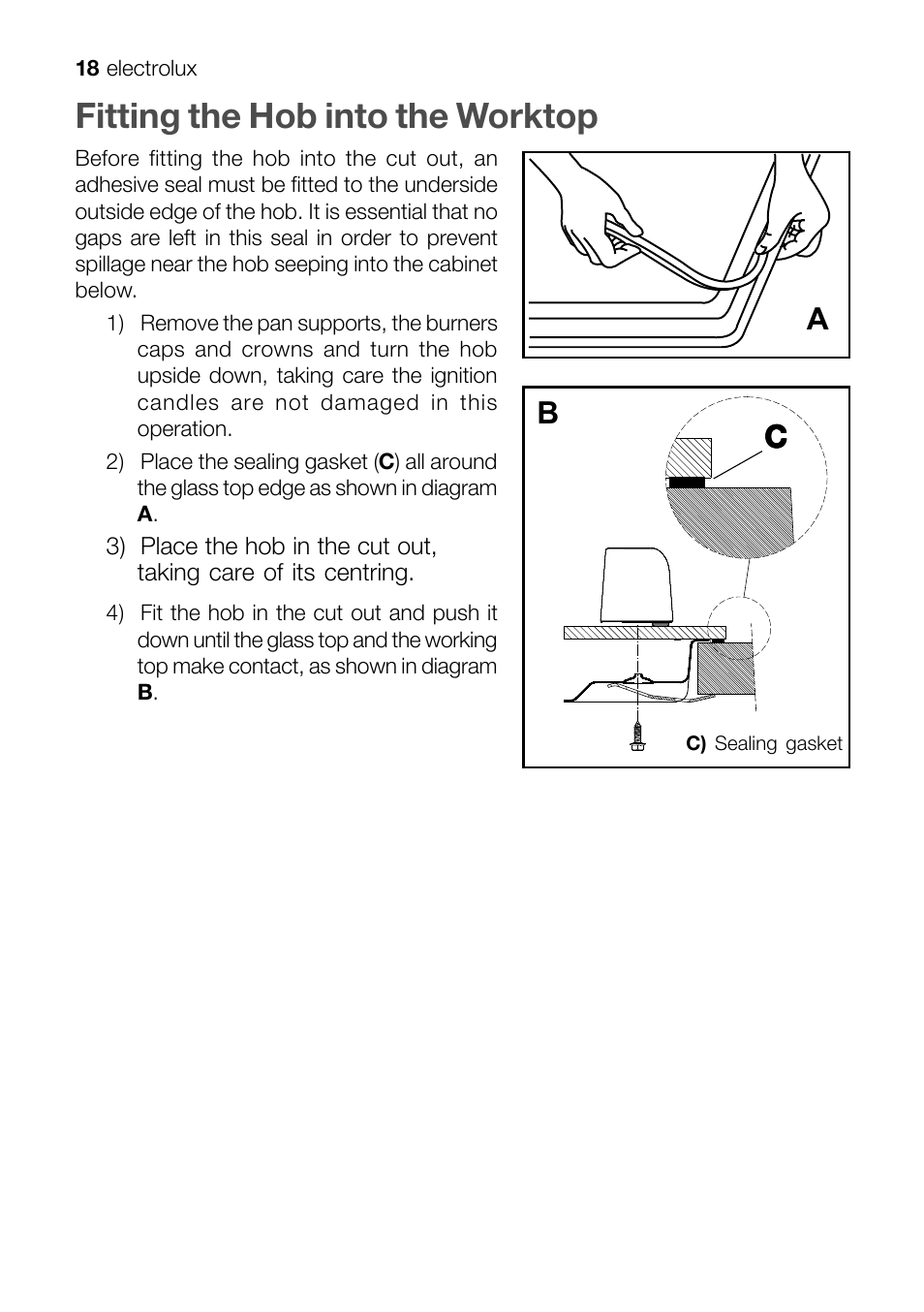 Fitting the hob into the worktop | Electrolux EHT 60410 User Manual | Page 18 / 28
