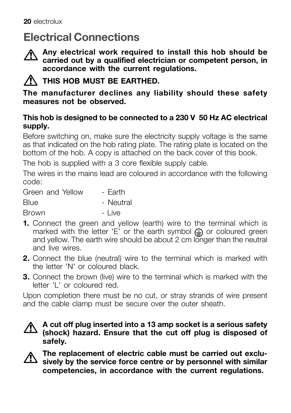 Electrical connections | Electrolux EHT 60410 User Manual | Page 20 / 28