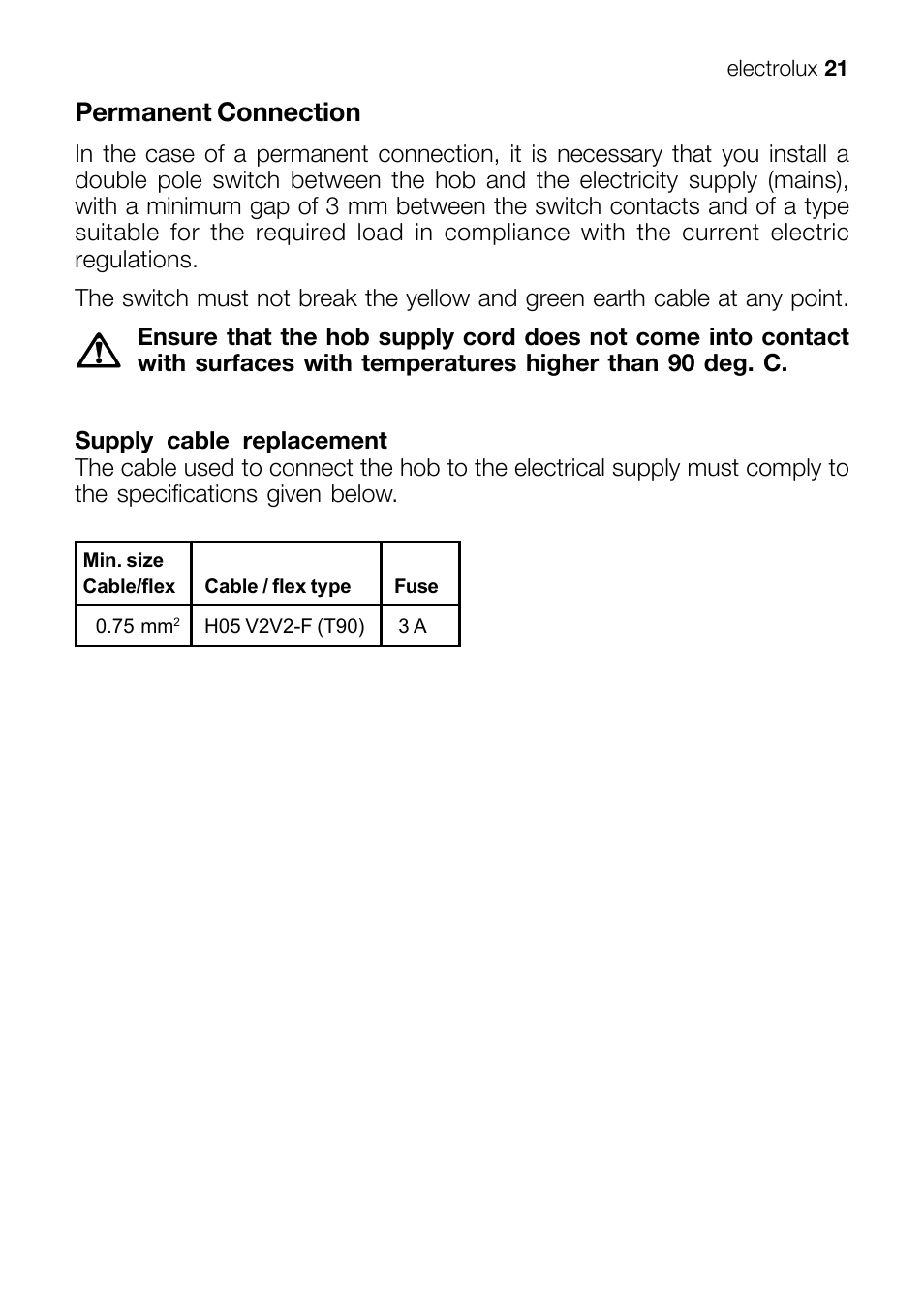Permanent connection | Electrolux EHT 60410 User Manual | Page 21 / 28