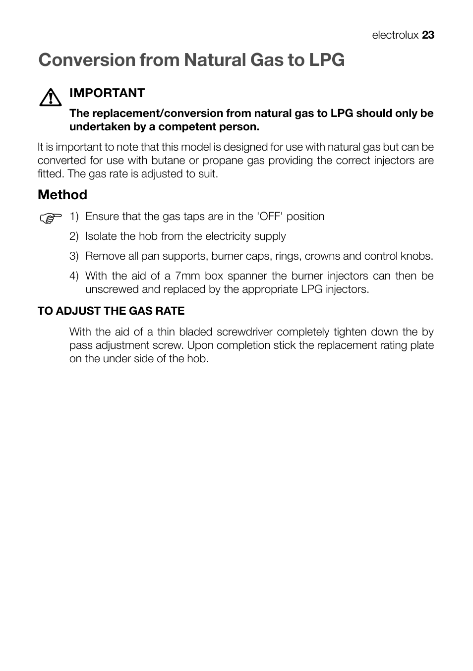 Conversion from natural gas to lpg | Electrolux EHT 60410 User Manual | Page 23 / 28