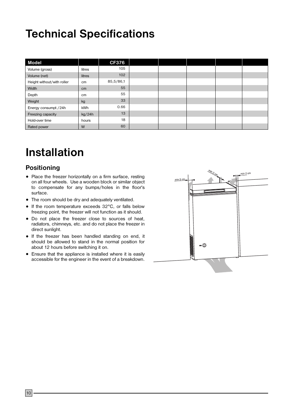 Technical specifications installation, Positioning | Electrolux CF 376 User Manual | Page 10 / 11