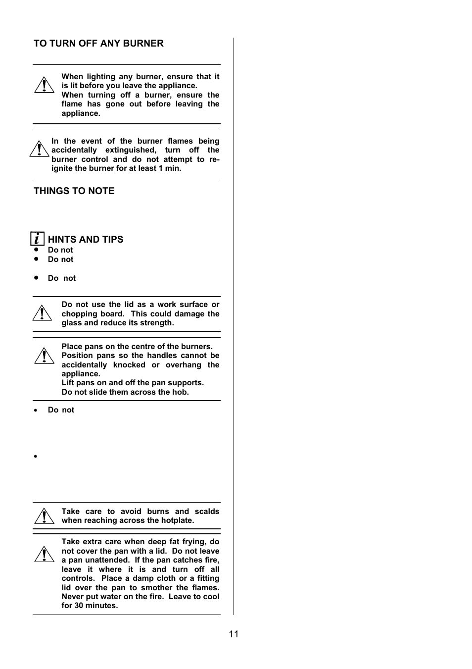 11 to turn off any burner, Hints and tips | Electrolux U28065 EIKG5546 User Manual | Page 11 / 40