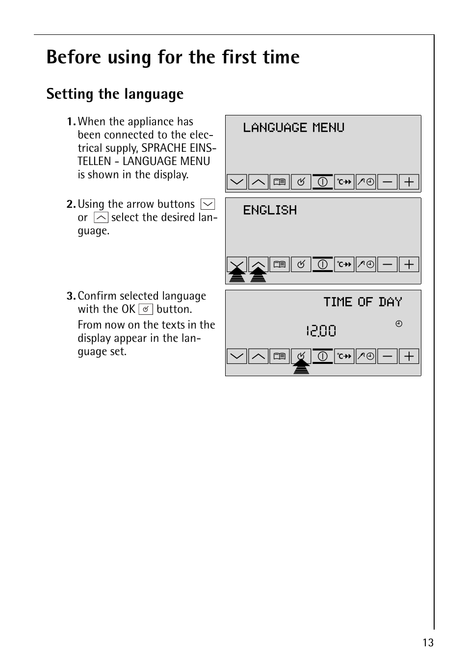 Before using for the first time, Wm¸¹º, Wpmp¸¹º | Wm¸¹pº, Language menu, English, Time of day, Setting the language | Electrolux B9879-4 User Manual | Page 13 / 64