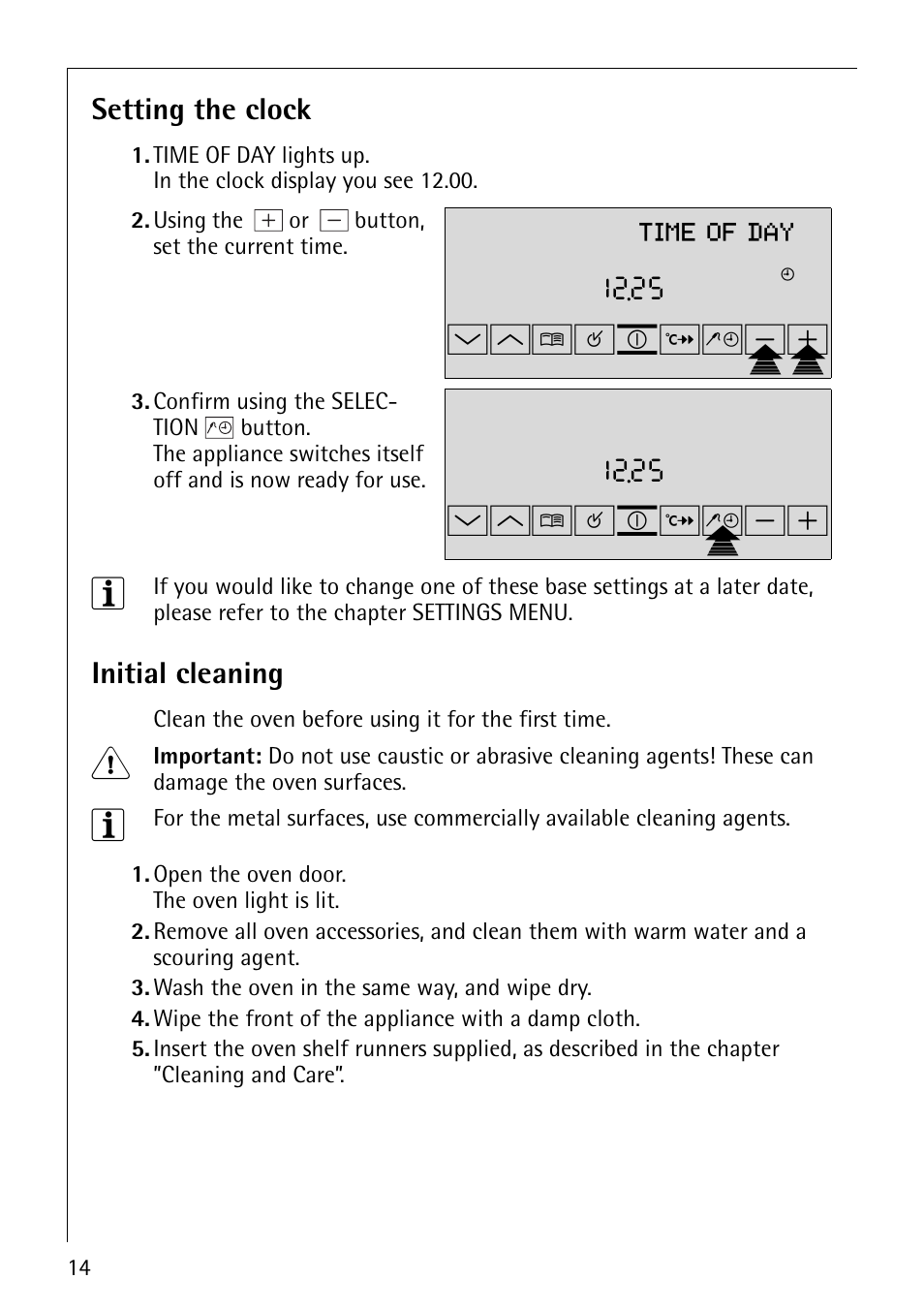 Wm¸¹º»¼-p+p, Wm¸¹º»¼p, Time of day | Setting the clock, Initial cleaning | Electrolux B9879-4 User Manual | Page 14 / 64