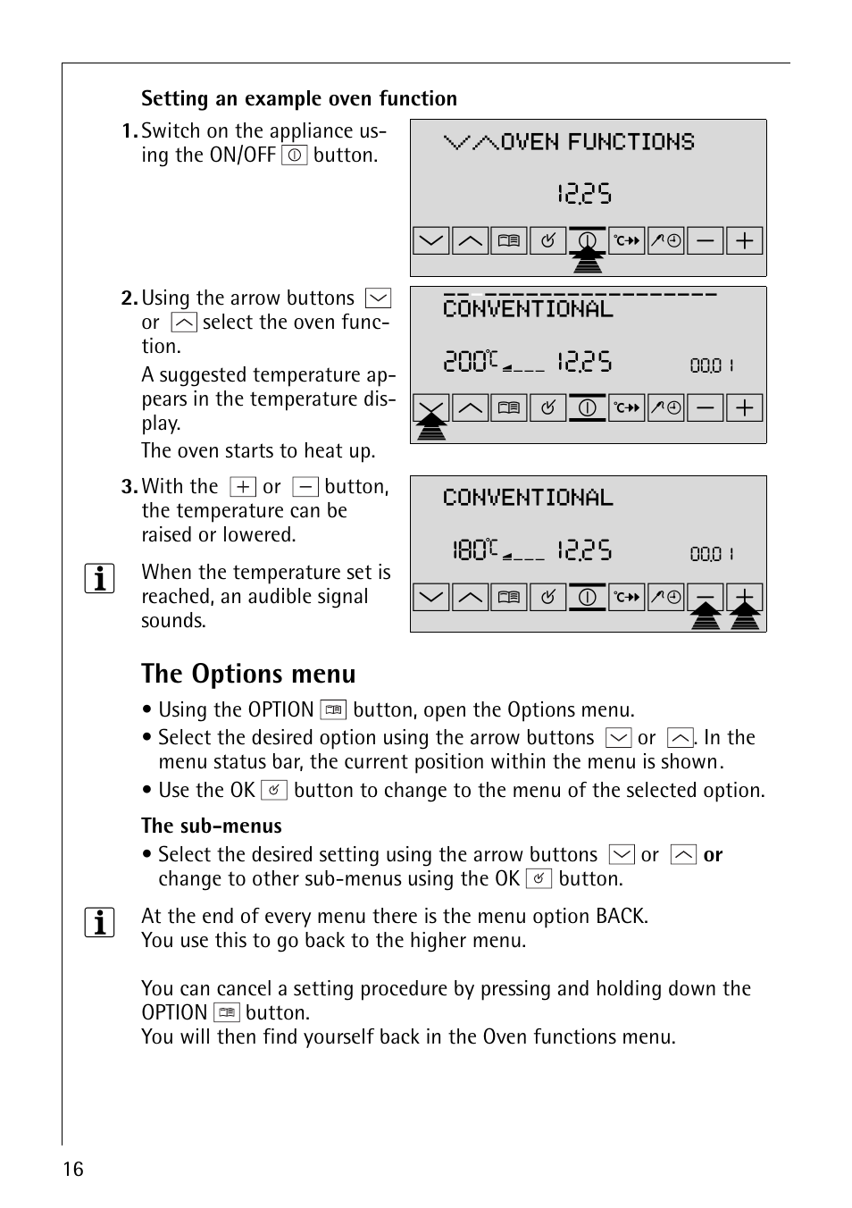 Wm¸¹ºp, Wpm¸¹º, Wm¸¹º»¼-p+p | Oven functions, Conventional, The options menu | Electrolux B9879-4 User Manual | Page 16 / 64