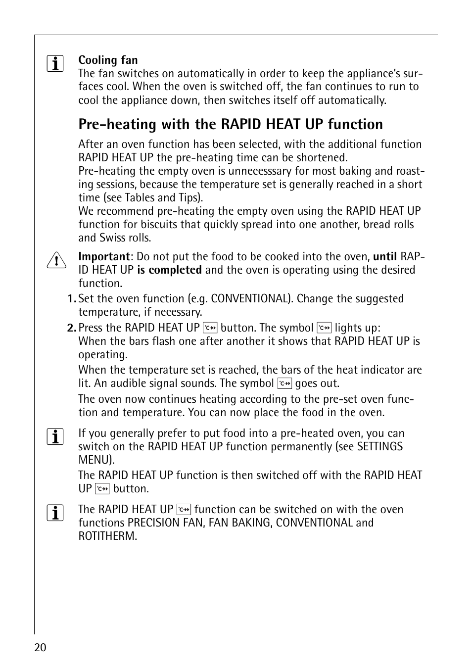 Pre-heating with the rapid heat up function | Electrolux B9879-4 User Manual | Page 20 / 64
