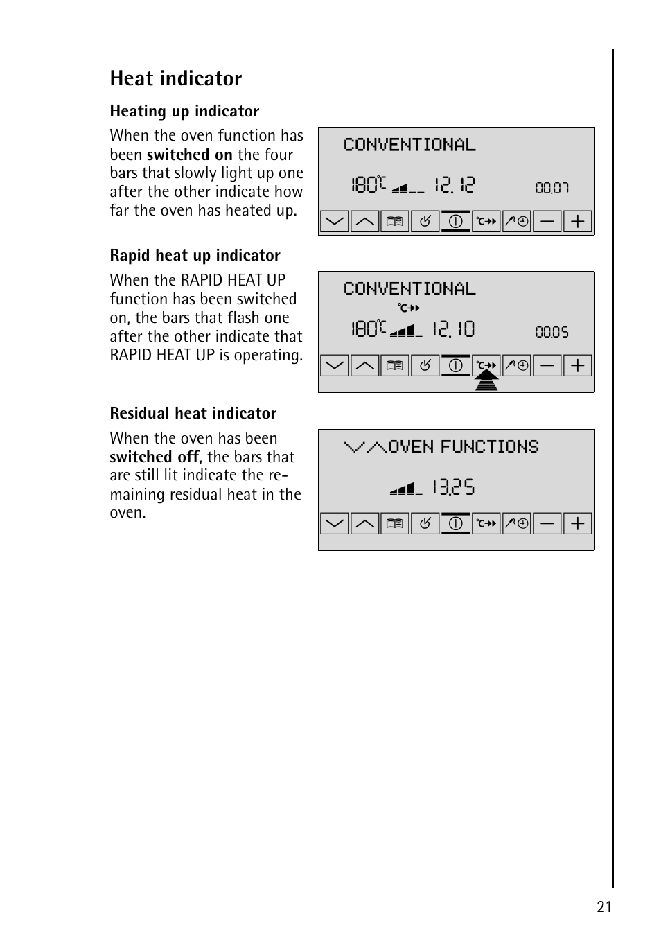 Wm¸¹º, Wm¸¹º»p, Conventional | Oven functions, Heat indicator | Electrolux B9879-4 User Manual | Page 21 / 64