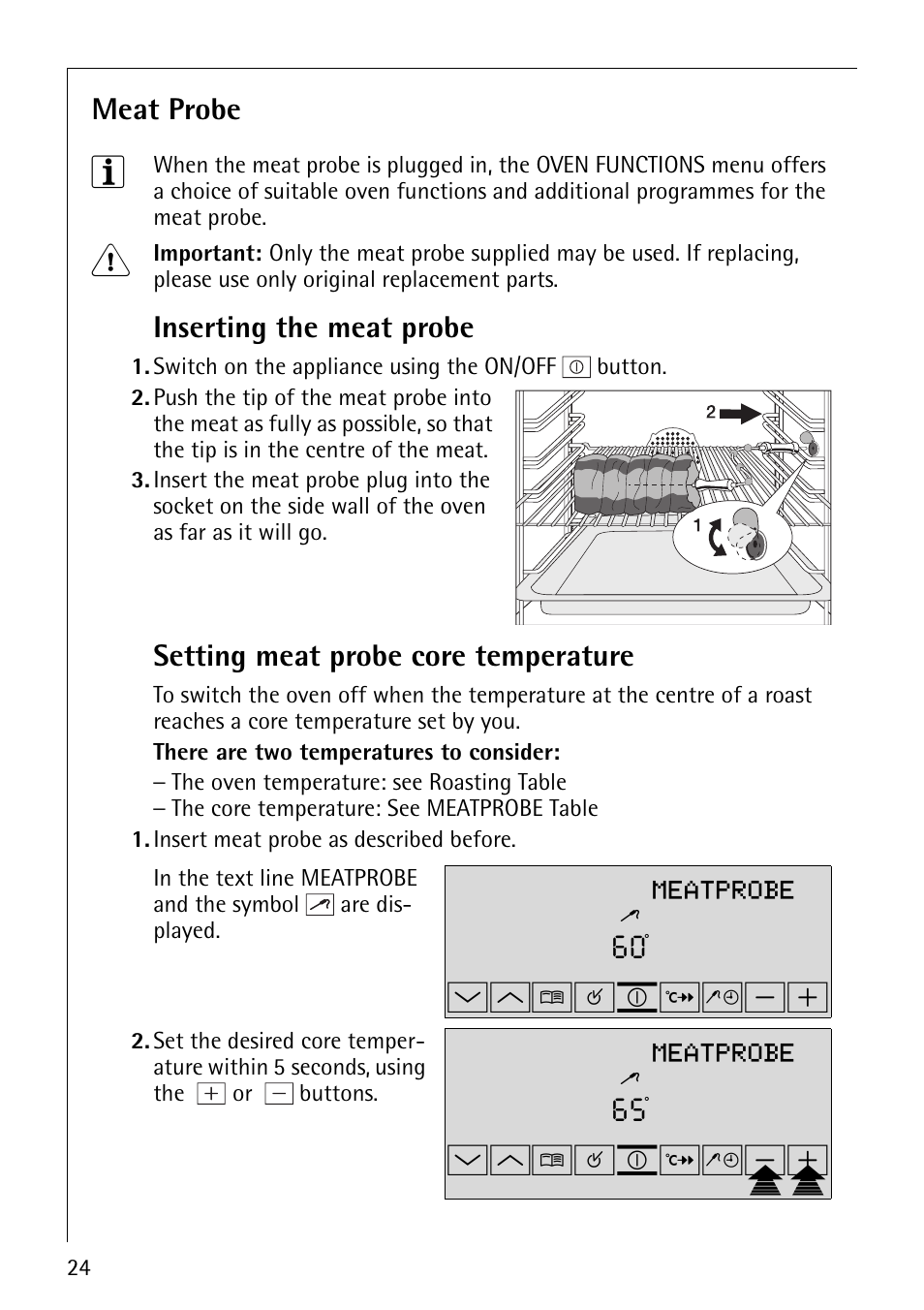 Wm¸¹º, Wm¸¹º»¼-p+p, Meatprobe | Meat probe, Inserting the meat probe, Setting meat probe core temperature | Electrolux B9879-4 User Manual | Page 24 / 64