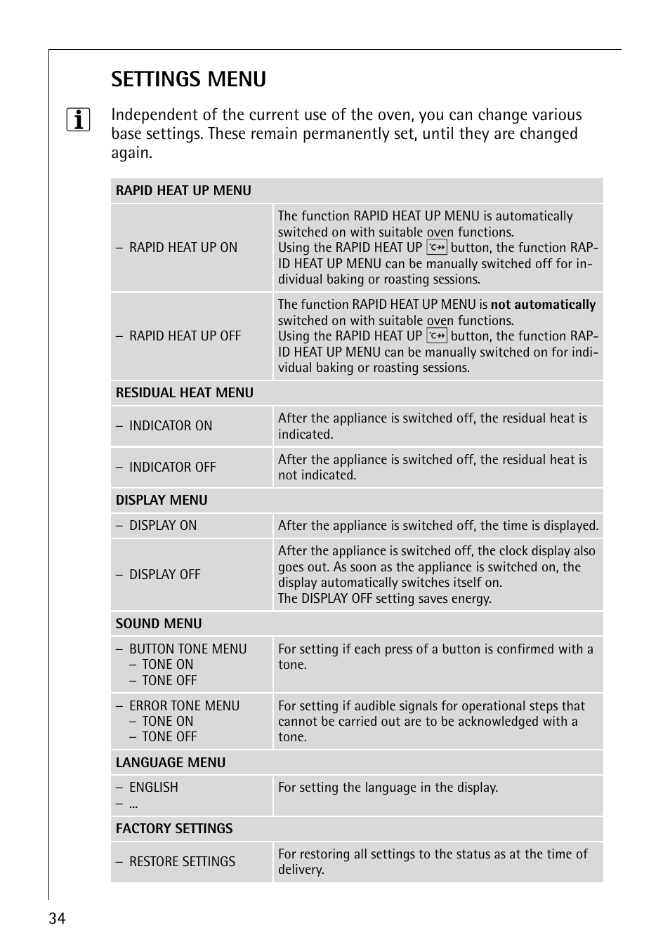 Settings menu | Electrolux B9879-4 User Manual | Page 34 / 64