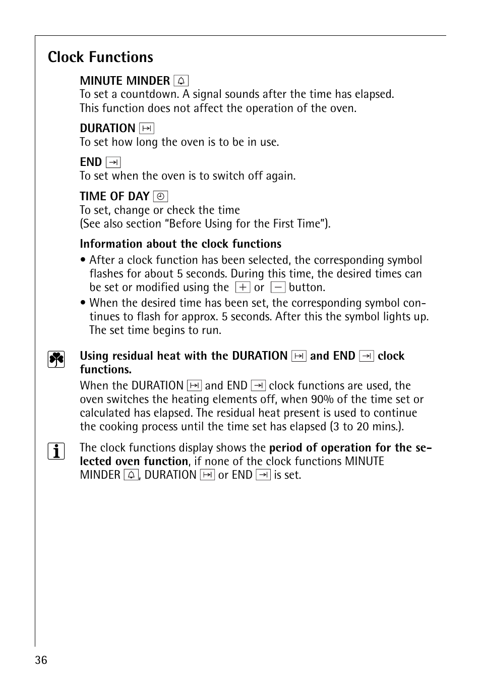 Clock functions | Electrolux B9879-4 User Manual | Page 36 / 64