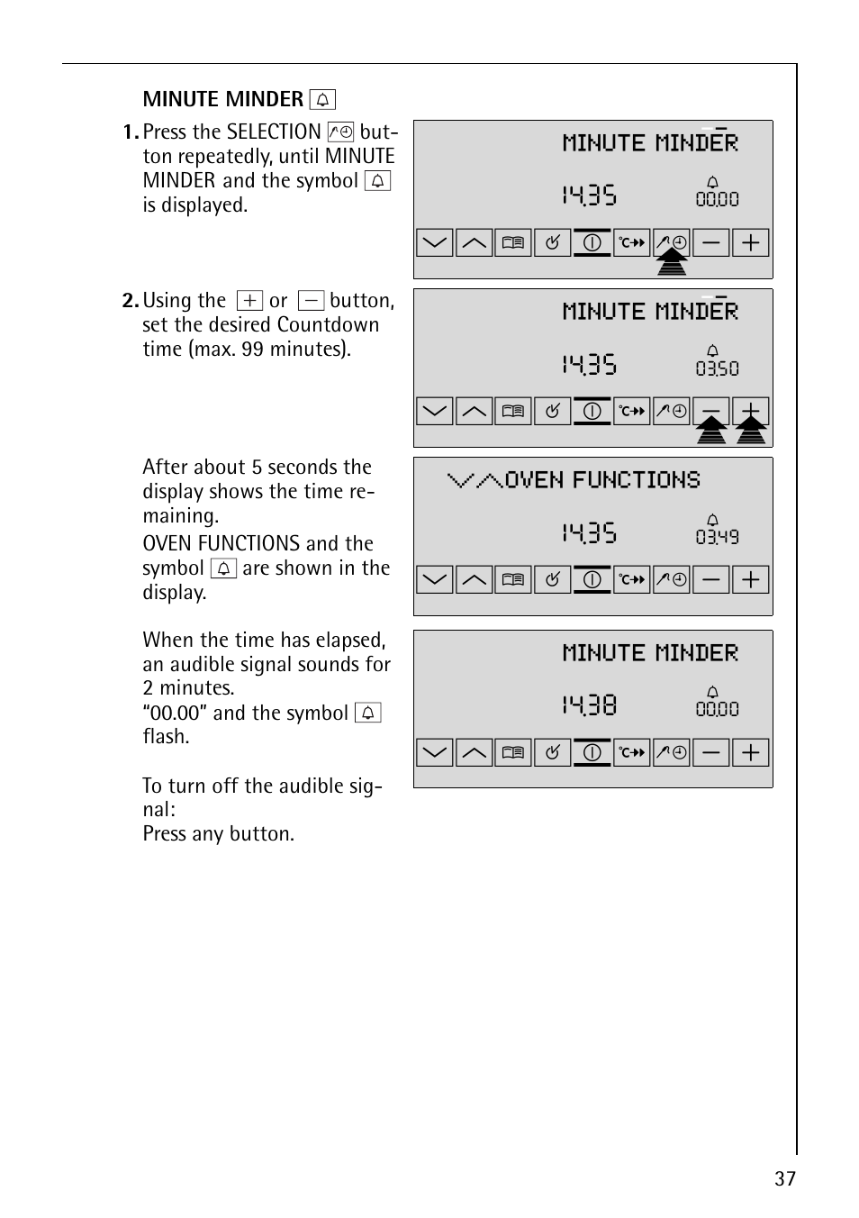 Wm¸¹º»¼p, Wm¸¹º»¼-p+p, Wm¸¹º | Minute minder, Oven functions | Electrolux B9879-4 User Manual | Page 37 / 64