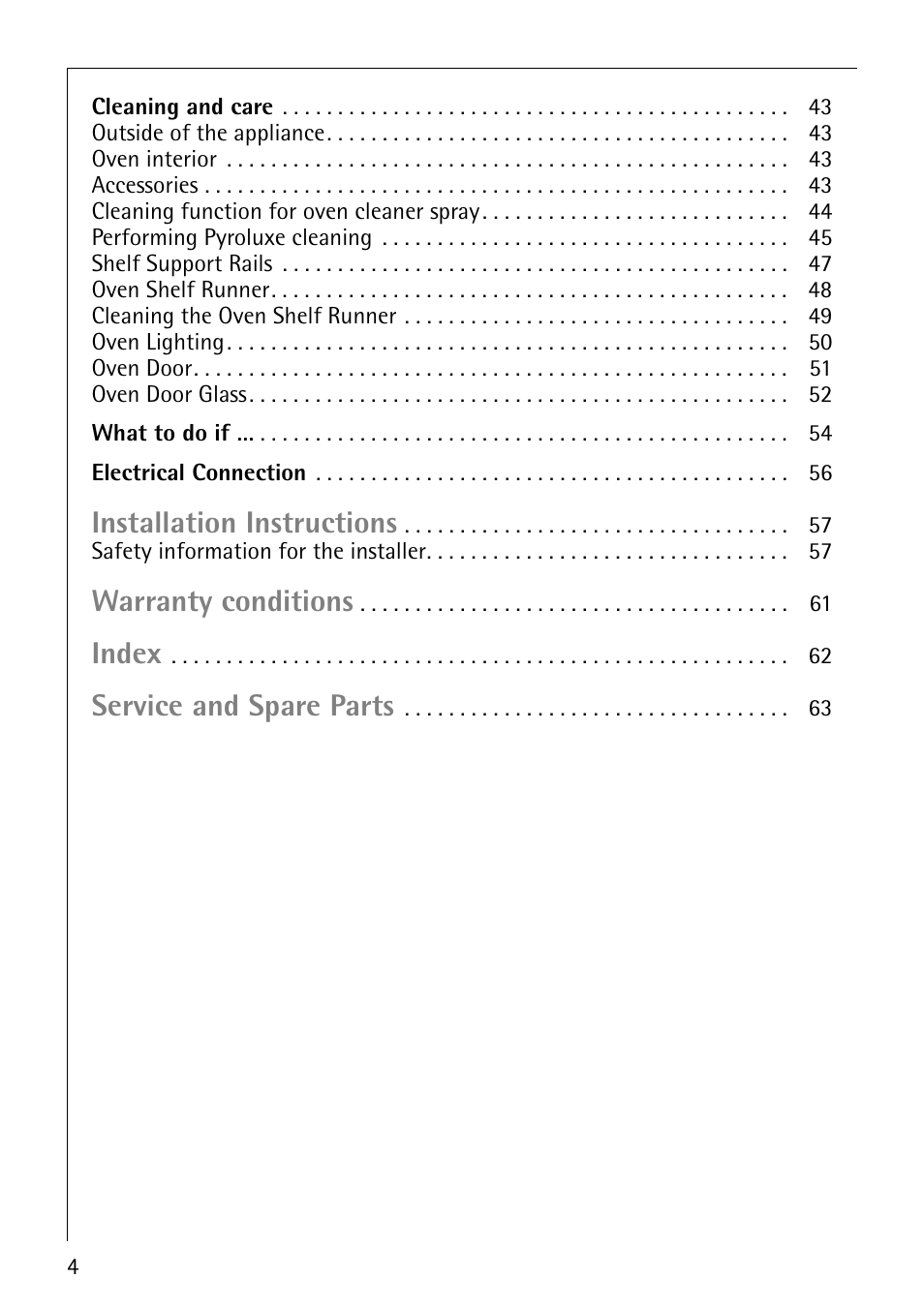 Installation instructions, Warranty conditions, Index | Service and spare parts | Electrolux B9879-4 User Manual | Page 4 / 64
