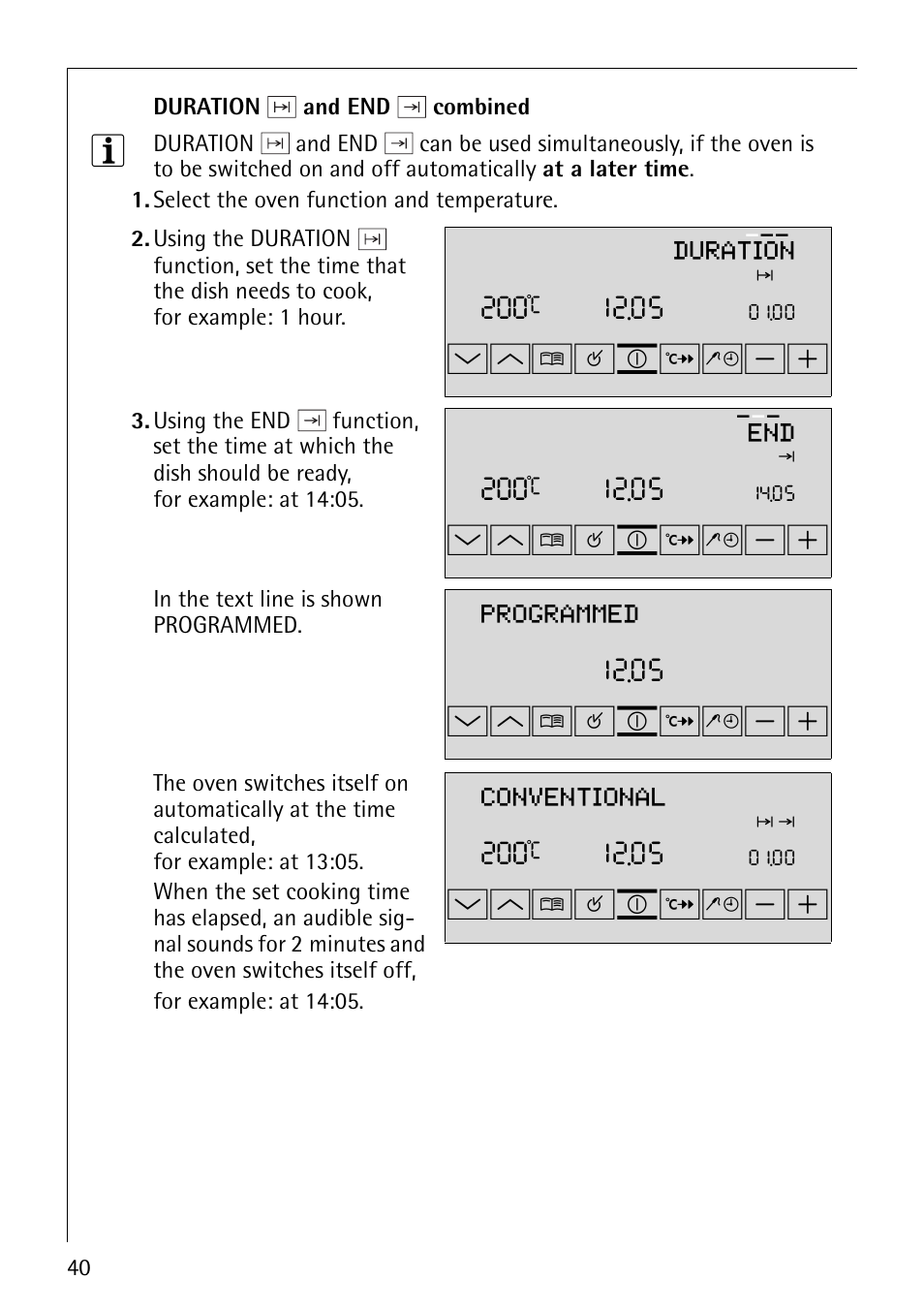 Wm¸¹º, Duration, Programmed | Conventional | Electrolux B9879-4 User Manual | Page 40 / 64