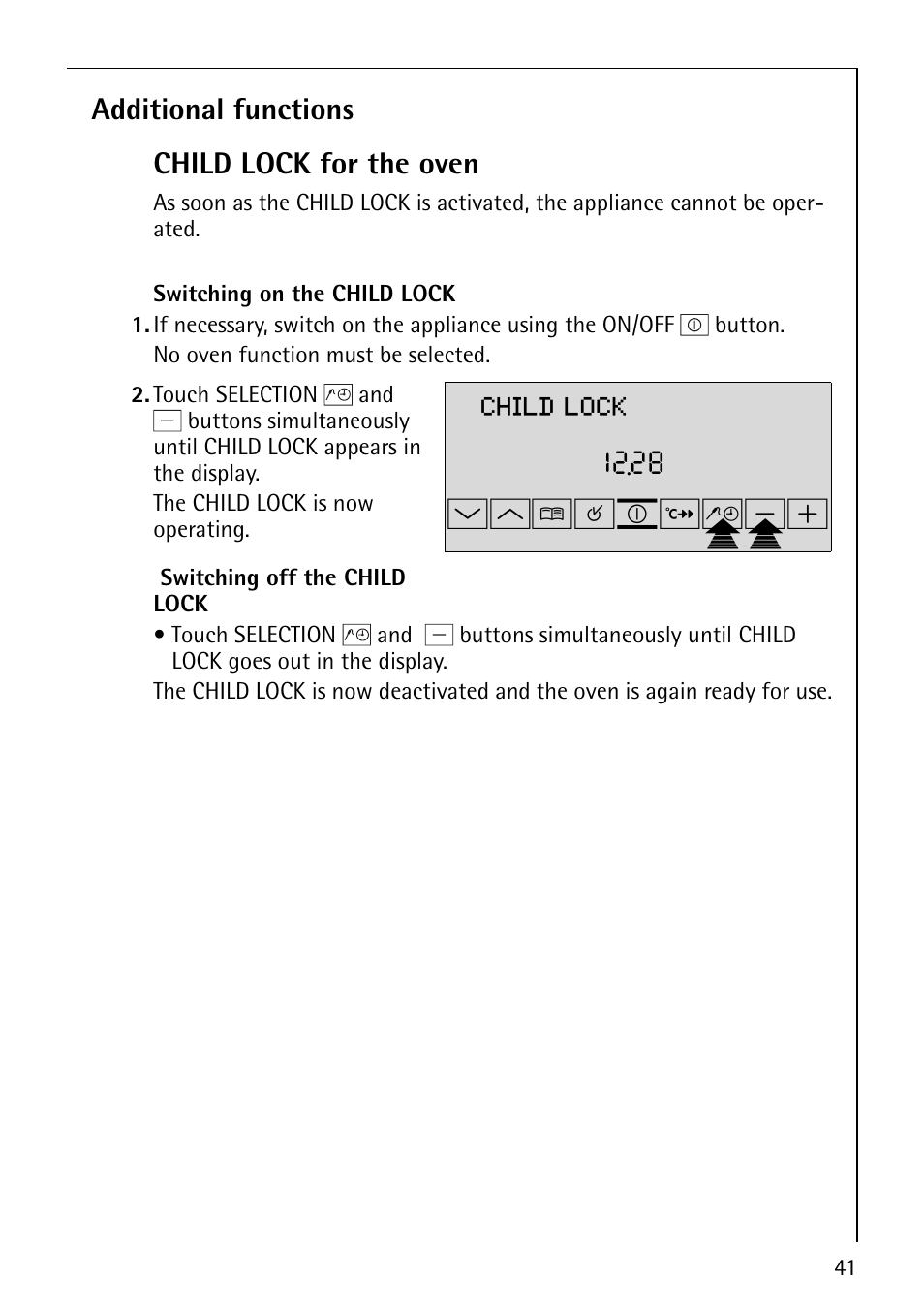 Wm¸¹º»¼p-p, Child lock, Additional functions child lock for the oven | Electrolux B9879-4 User Manual | Page 41 / 64