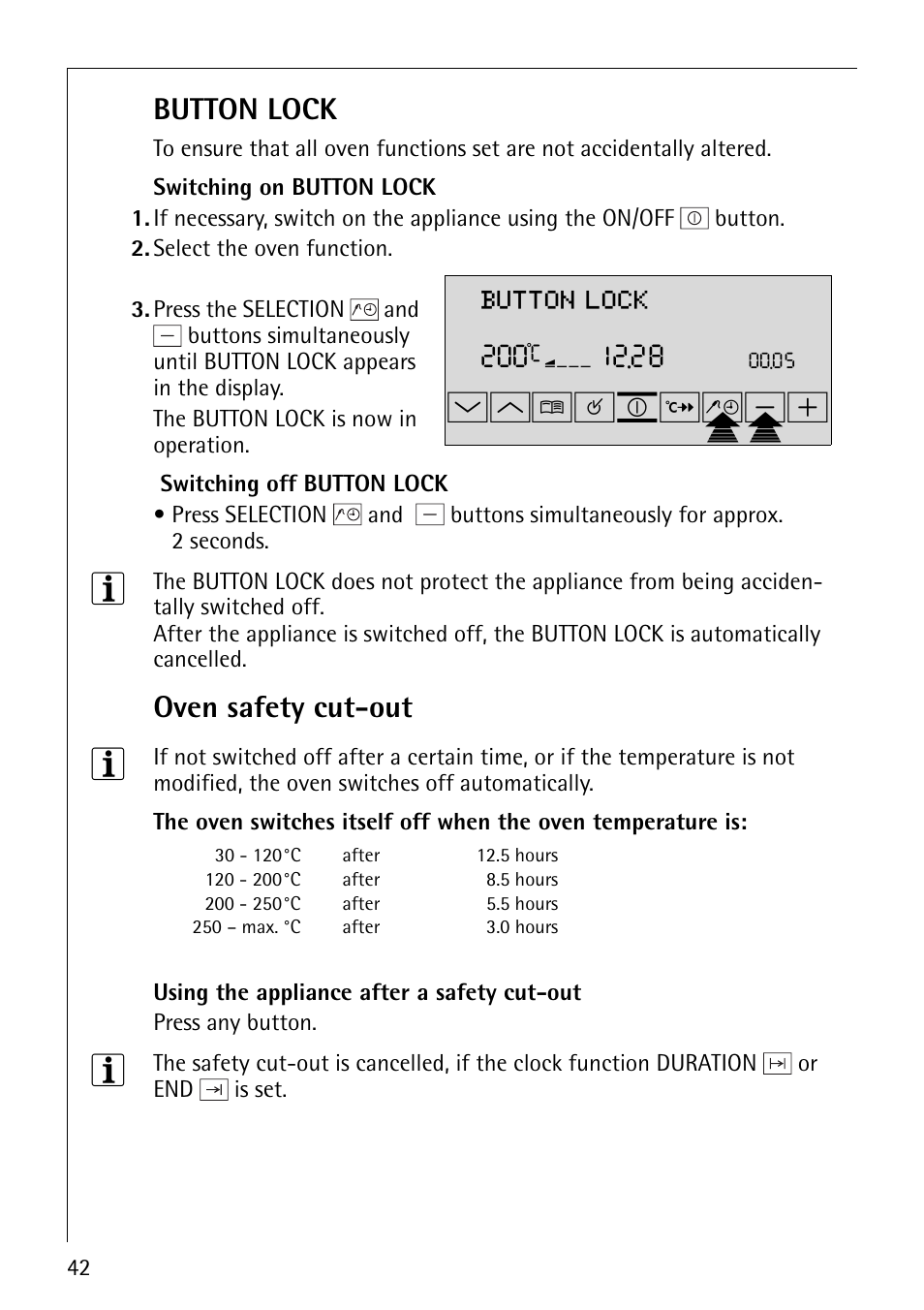 Wm¸¹º»¼p-p, Button lock, Oven safety cut-out | Electrolux B9879-4 User Manual | Page 42 / 64