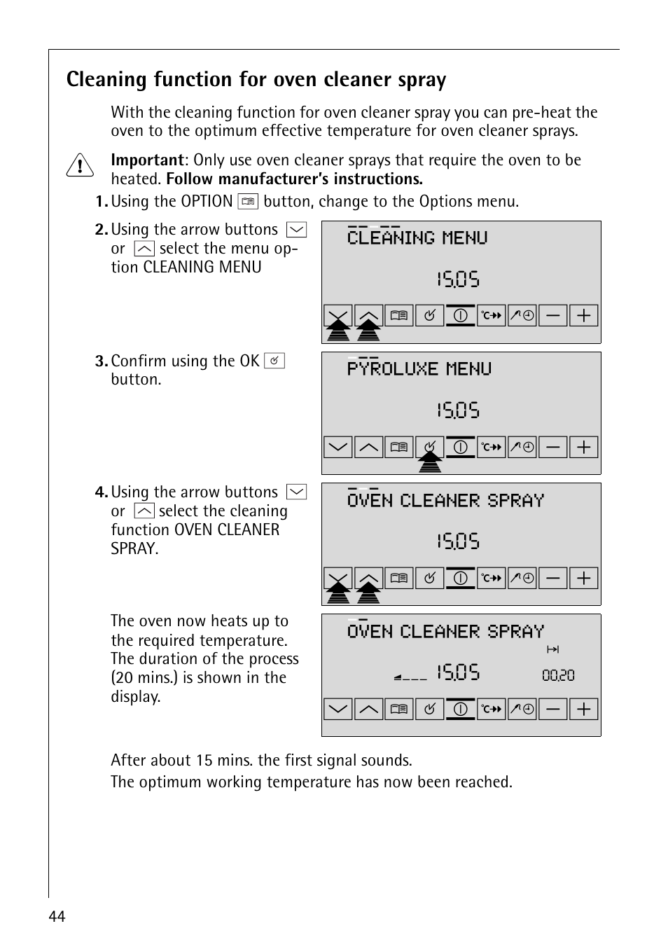 Wpmp¸¹º, Wm¸¹pº, Wm¸¹º | Cleaning menu, Pyroluxe menu, Oven cleaner spray | Electrolux B9879-4 User Manual | Page 44 / 64