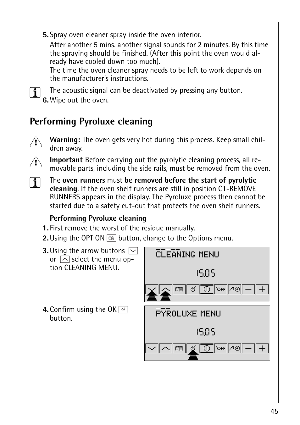 Wpmp¸¹º, Wm¸¹pº, Cleaning menu | Pyroluxe menu | Electrolux B9879-4 User Manual | Page 45 / 64