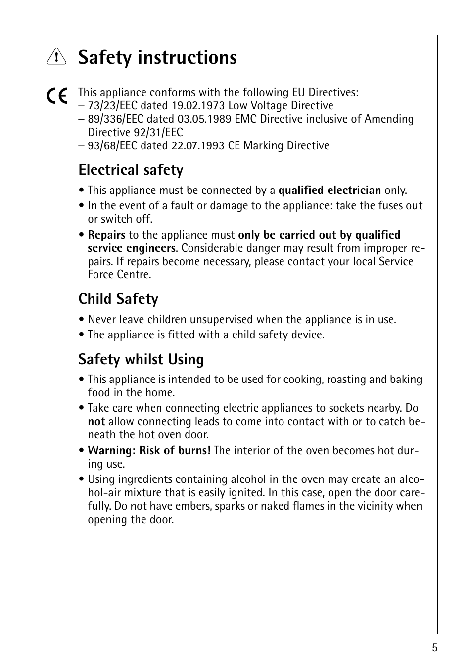 1 safety instructions 5, Electrical safety, Child safety | Safety whilst using | Electrolux B9879-4 User Manual | Page 5 / 64