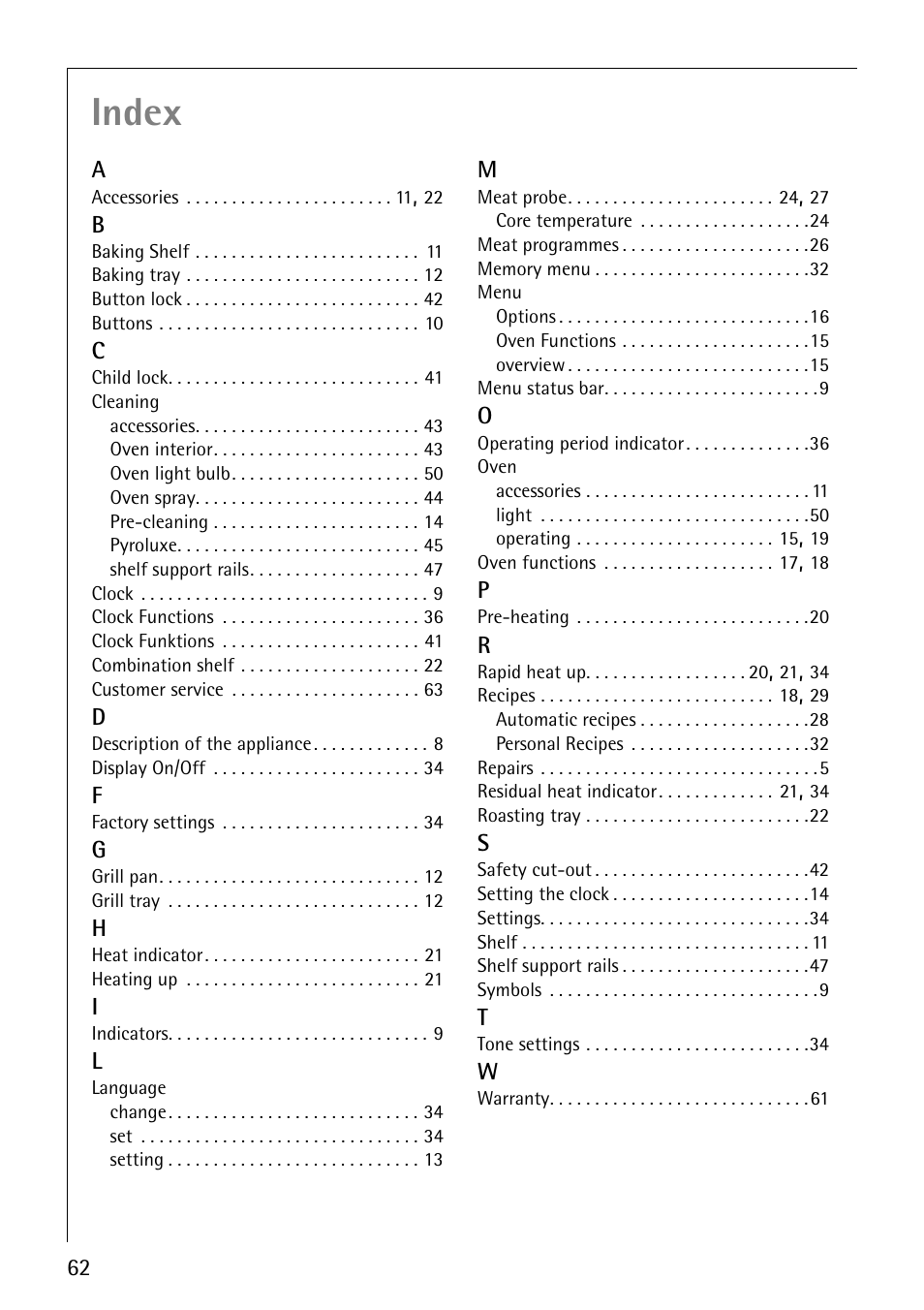 Index | Electrolux B9879-4 User Manual | Page 62 / 64