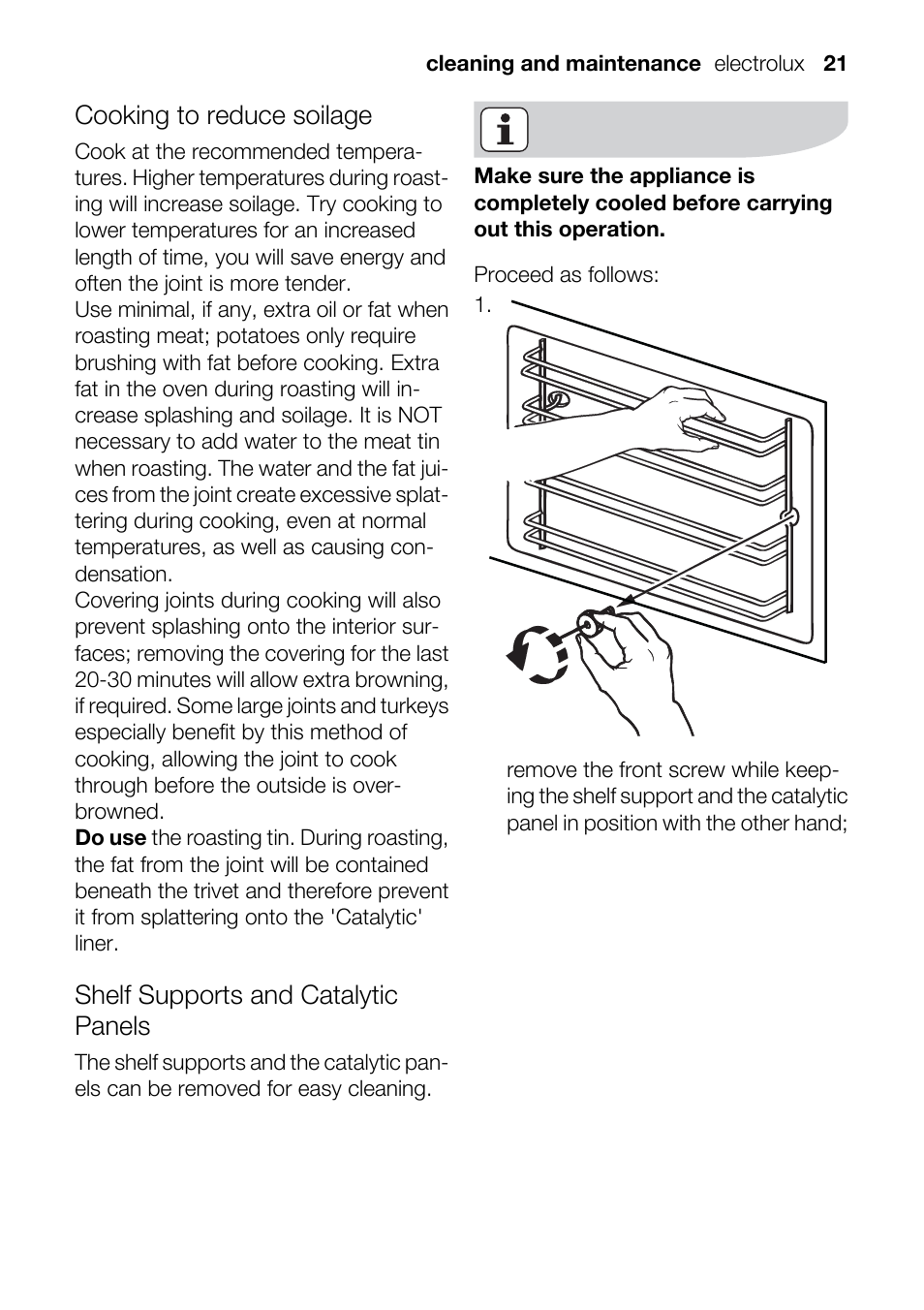 Cooking to reduce soilage, Shelf supports and catalytic panels | Electrolux U33024 EOB31010X User Manual | Page 21 / 40