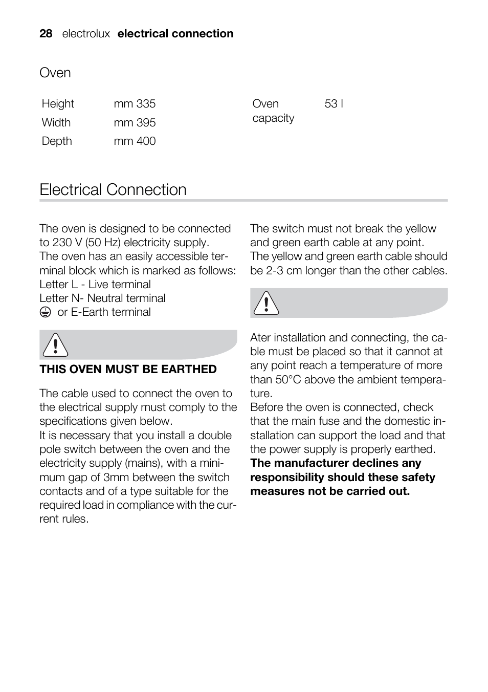 Electrical connection, Oven | Electrolux U33024 EOB31010X User Manual | Page 28 / 40